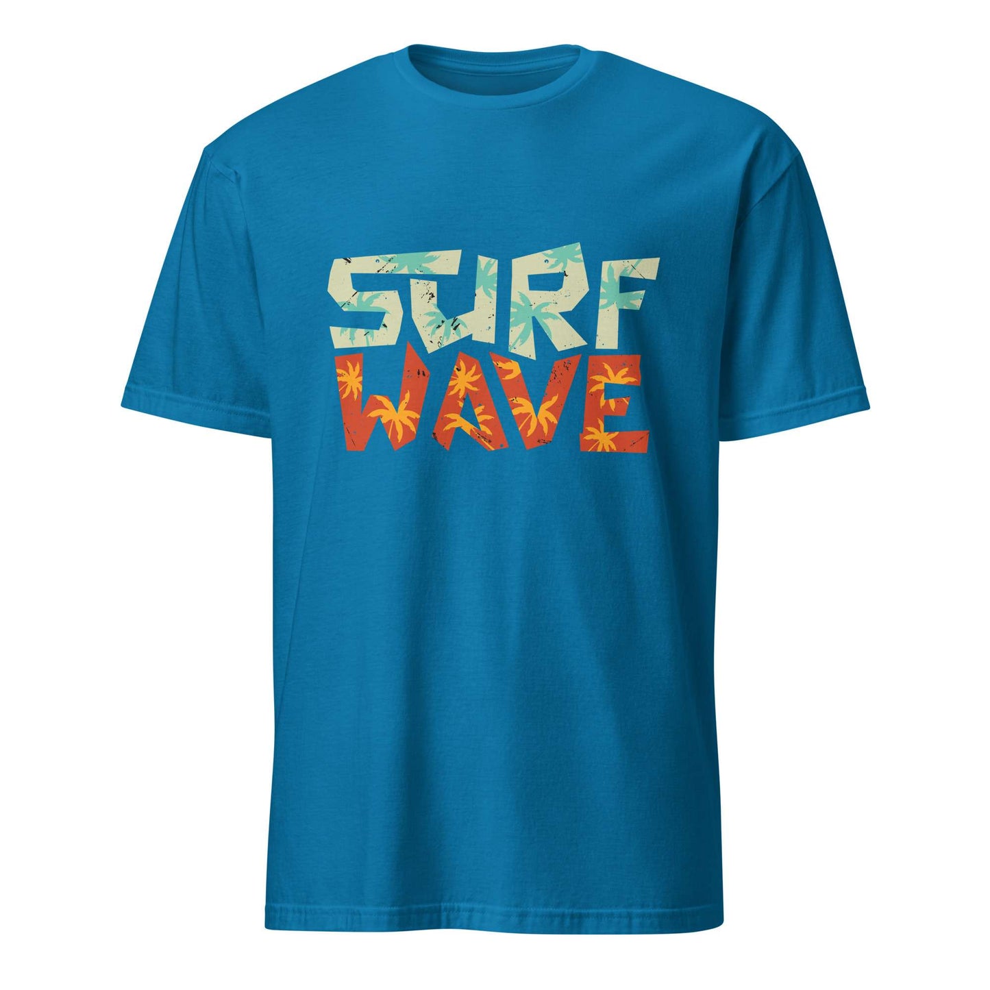 A bright blue short-sleeve crewneck t-shirt featuring a 'SURF WAVE' graphic on the chest. The word 'SURF' is printed in a light teal and yellow tie-dye pattern, while 'WAVE' is in a matching orange and yellow tie-dye pattern. Surf Wave Typography Lettering Graphic T-Shirt Casual Wear Shop the Surf Wave Lettering Typography Graphic T-Shirt Casual Wear design, featuring a laid-back coastal look for everyday outfits and beach days. Buy Surf Wave Lettering Typography Graphic T-Shirt Casual Wear for Sale Online.