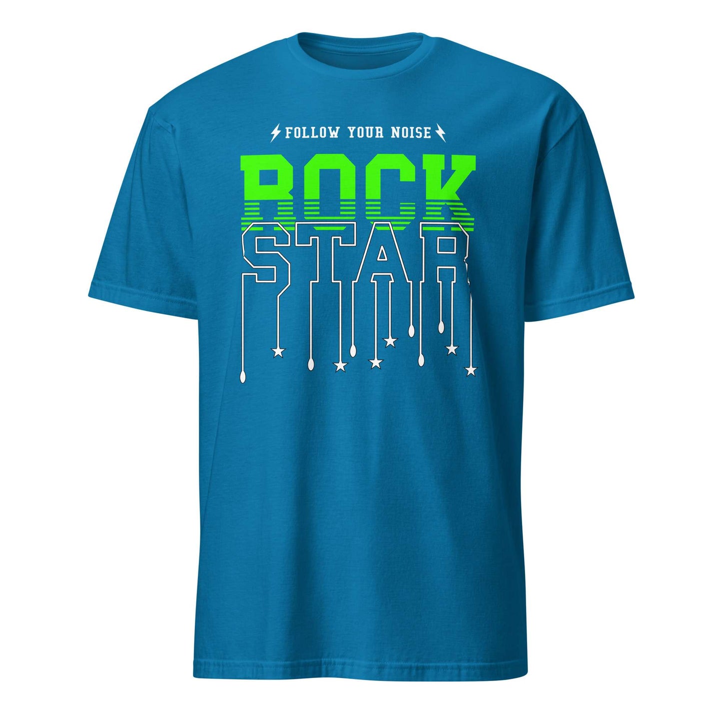 A bright blue short-sleeve t-shirt with a graphic on the front reading 'FOLLOW YOUR NOISE ROCK STAR' in white and neon green, shown on a plain white background. Follow Your Noise Rock Star Neon Music T-Shirt Casual Wear Shop Follow Your Noise Rock Star Neon Music T-Shirt Casual Wear for vibrant, rock-inspired fashion that adds energy to your casual wardrobe.
