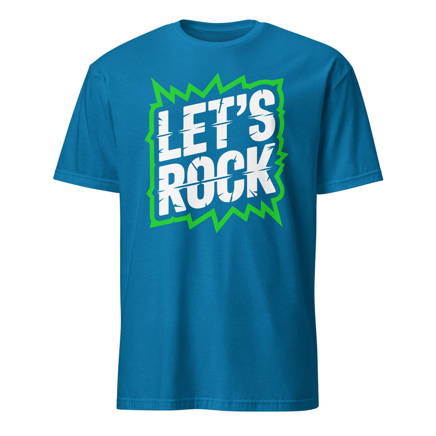 A bright blue short-sleeve t-shirt with a graphic on the chest that reads 'LET'S ROCK' in white distressed letters inside a green jagged starburst shape, shown on a plain white background. Let's Rock Music Bold Typography Graphic T-Shirt Casual Wear Shop the Let's Rock Music Bold Typography Graphic T-Shirt Casual Wear for a standout look, soft comfort, and everyday rock-inspired style.