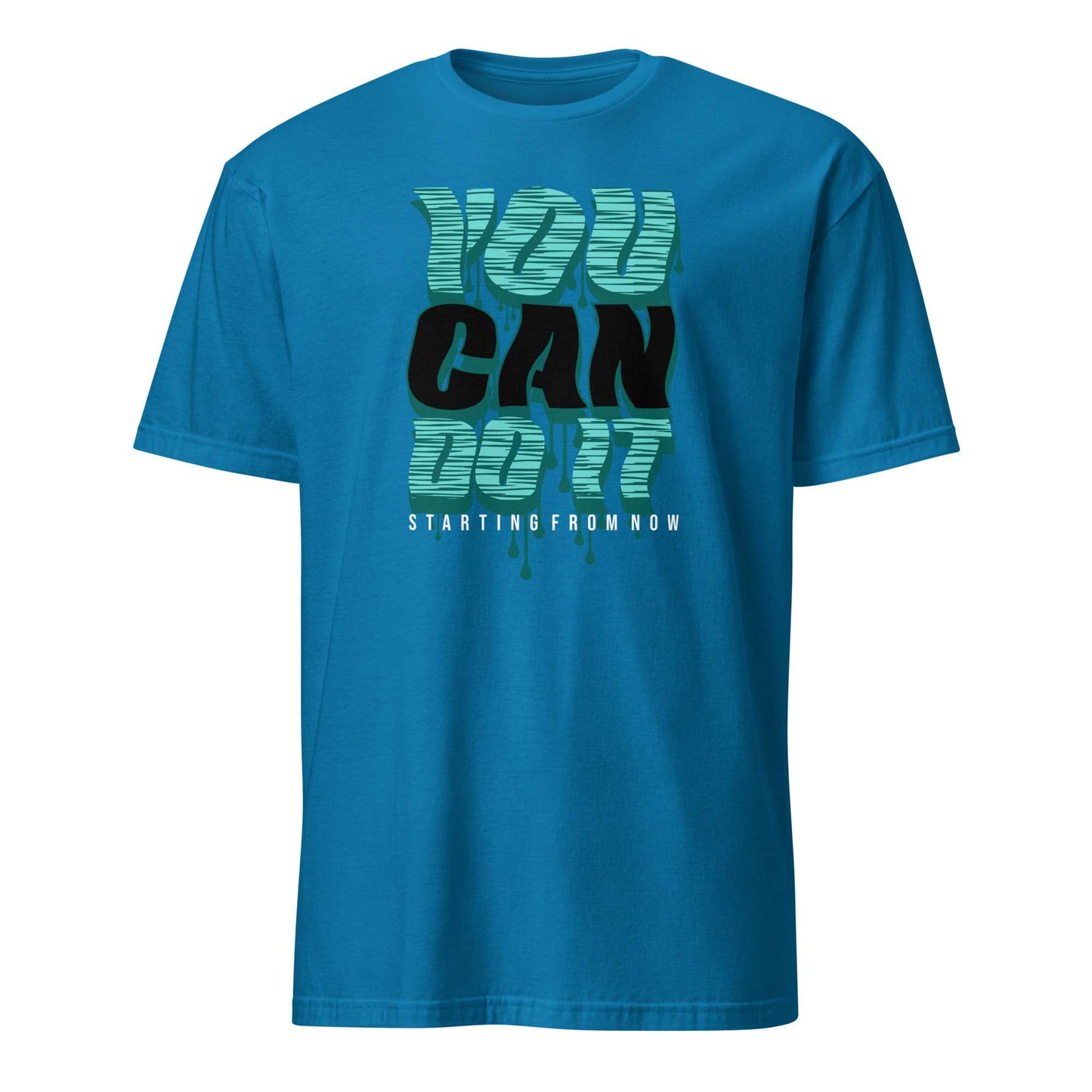 A bright blue short-sleeve t-shirt with a graphic on the chest reading 'YOU CAN DO IT' in textured teal, black, and green dripping lettering, with 'STARTING FROM NOW' printed below in white, shown on a plain white background. You Can Do It Slogan Typography Graphic T-Shirt Casual Wear Shop the You Can Do It Slogan Typography Graphic T-Shirt for bold motivational style, everyday confidence, and effortlessly casual outfits.