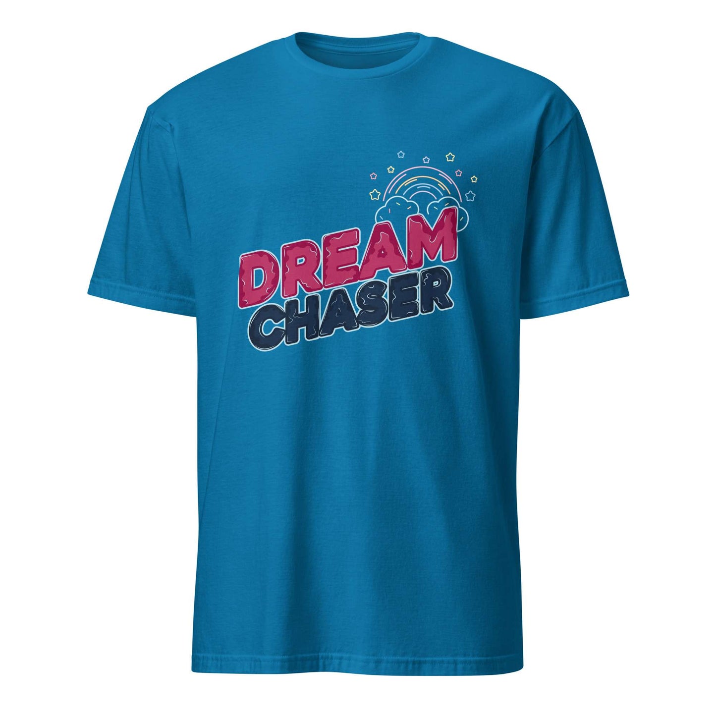 A bright blue short-sleeve crewneck t-shirt featuring a 'DREAM CHASER' graphic on the chest with a small rainbow and sparkle design, shown against a plain white background. Minimal Dream Chaser Lettering Graphic T-Shirt Casual Wear Shop Minimal Dream Chaser Lettering Graphic T-Shirt Casual Wear for a clean, motivational look that pairs easily with your favorite outfits.