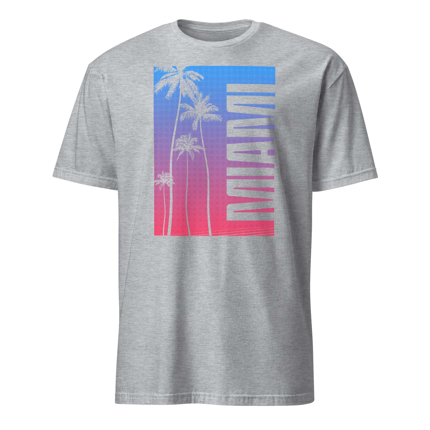 A heather gray short-sleeve t-shirt with a vertical graphic on the chest featuring white palm tree silhouettes and the word 'MIAMI' in white text over a blue-to-pink gradient background.
