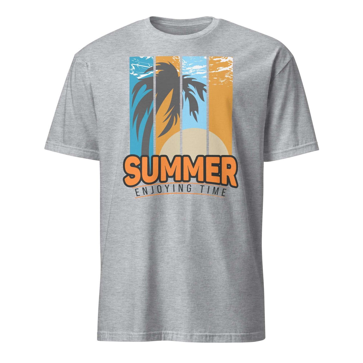 A heather gray short-sleeve t-shirt with a retro-style vertical sunset graphic on the chest featuring palm trees, a sun, and the text 'SUMMER ENJOYING TIME'. Buy Summer Enjoying Time Palm Sunset Graphic T-Shirt Casual Wear Online for Sale Shop the Summer Enjoying Time Palm Sunset Graphic T-Shirt, featuring a vibrant tropical design perfect for beach days and warm escapes.