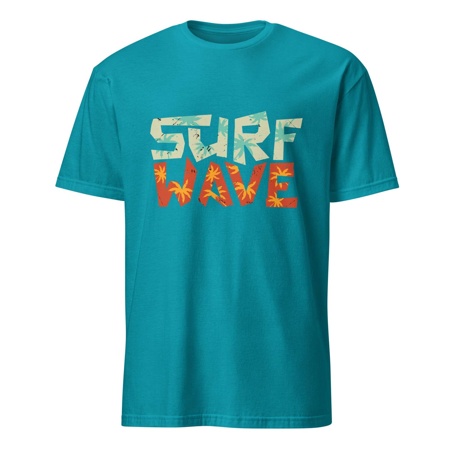 A teal short-sleeve crewneck t-shirt featuring a 'SURF WAVE' graphic on the chest. The word 'SURF' is printed in a light beige and green tropical leaf pattern, while 'WAVE' is printed in a matching orange and yellow leaf pattern. Surf Wave Typography Lettering Graphic T-Shirt Casual Wear Shop the Surf Wave Lettering Typography Graphic T-Shirt Casual Wear design, featuring a laid-back coastal look for everyday outfits and beach days. Buy Surf Wave Lettering Typography Graphic T-Shirt Casual Wear for Sale.