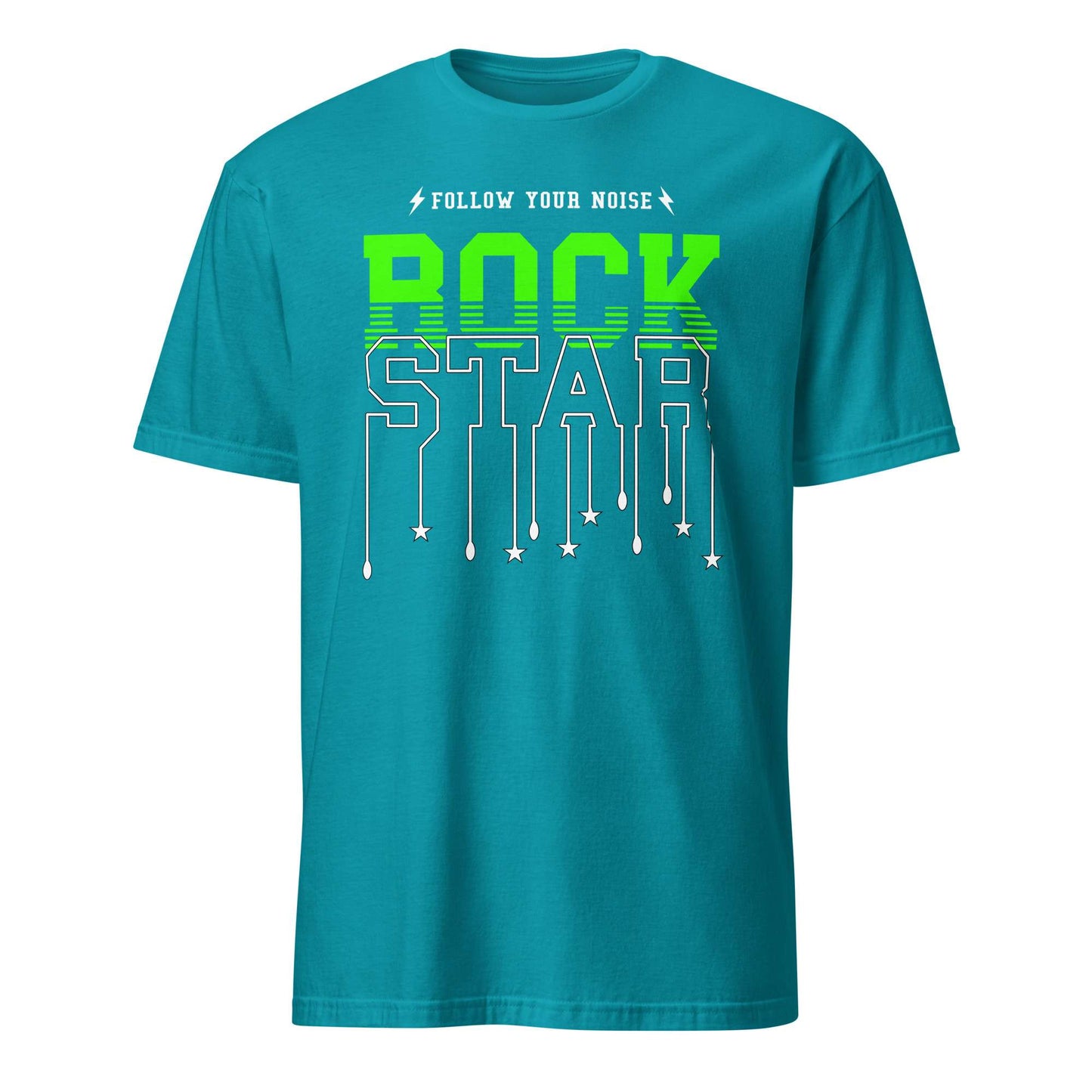 A teal short-sleeve t-shirt with a graphic on the chest that reads 'FOLLOW YOUR NOISE ROCK STAR' in white and neon green, displayed on a solid white background. Follow Your Noise Rock Star Neon Music T-Shirt Casual Wear Shop Follow Your Noise Rock Star Neon Music T-Shirt Casual Wear for vibrant, rock-inspired fashion that adds energy to your casual wardrobe.