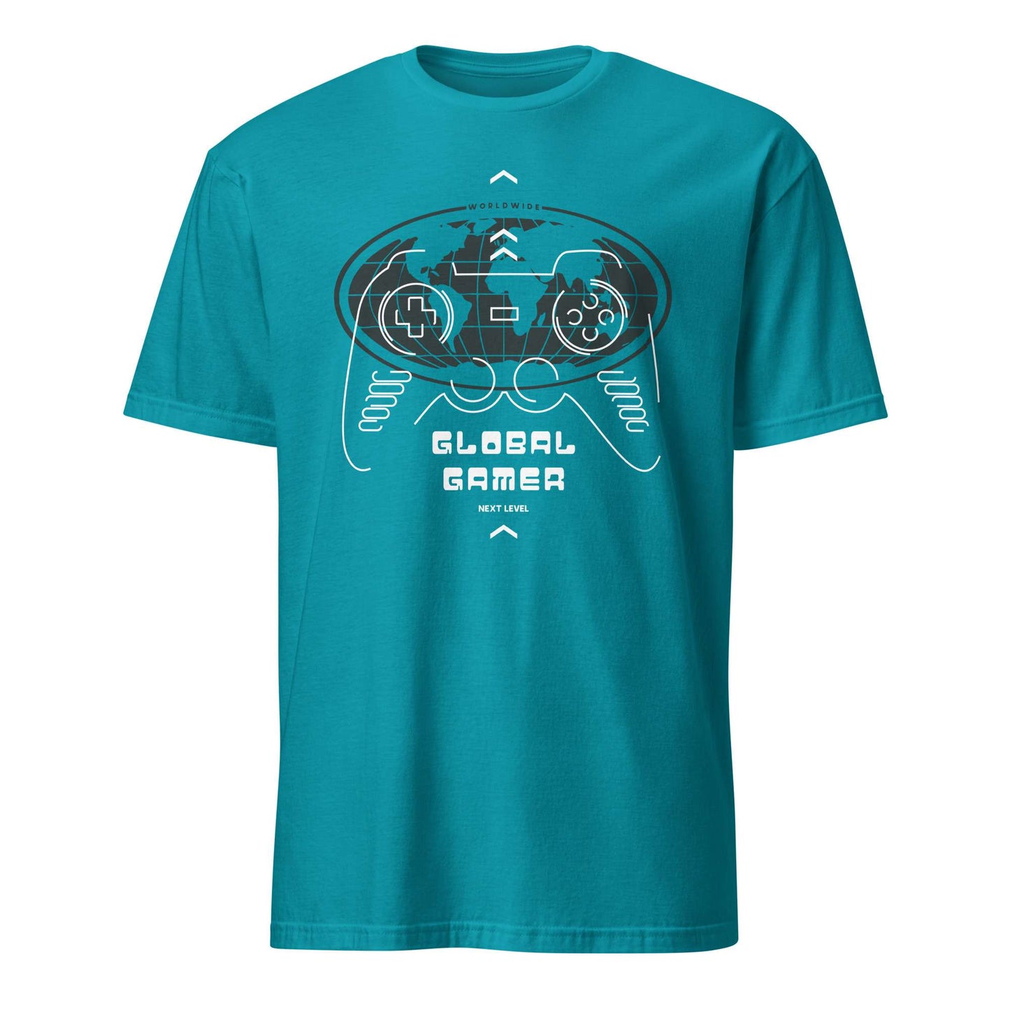 A teal short-sleeve crewneck t-shirt featuring a white and dark gray graphic of a retro game controller with the text 'GLOBAL GAMER' and 'NEXT LEVEL' printed on the front, displayed against a solid white background. Minimalist Joystick Gamepad Graphic T-Shirt Casual Wear Shop Minimalist Joystick Gamepad Graphic T-Shirt Casual Wear, a clean, comfortable tee for gamers who love understated everyday style. Upgrade your gamer wardrobe with Minimalist Joystick Gamepad Graphic T-Shirt Casual Wear—simple, stylish.