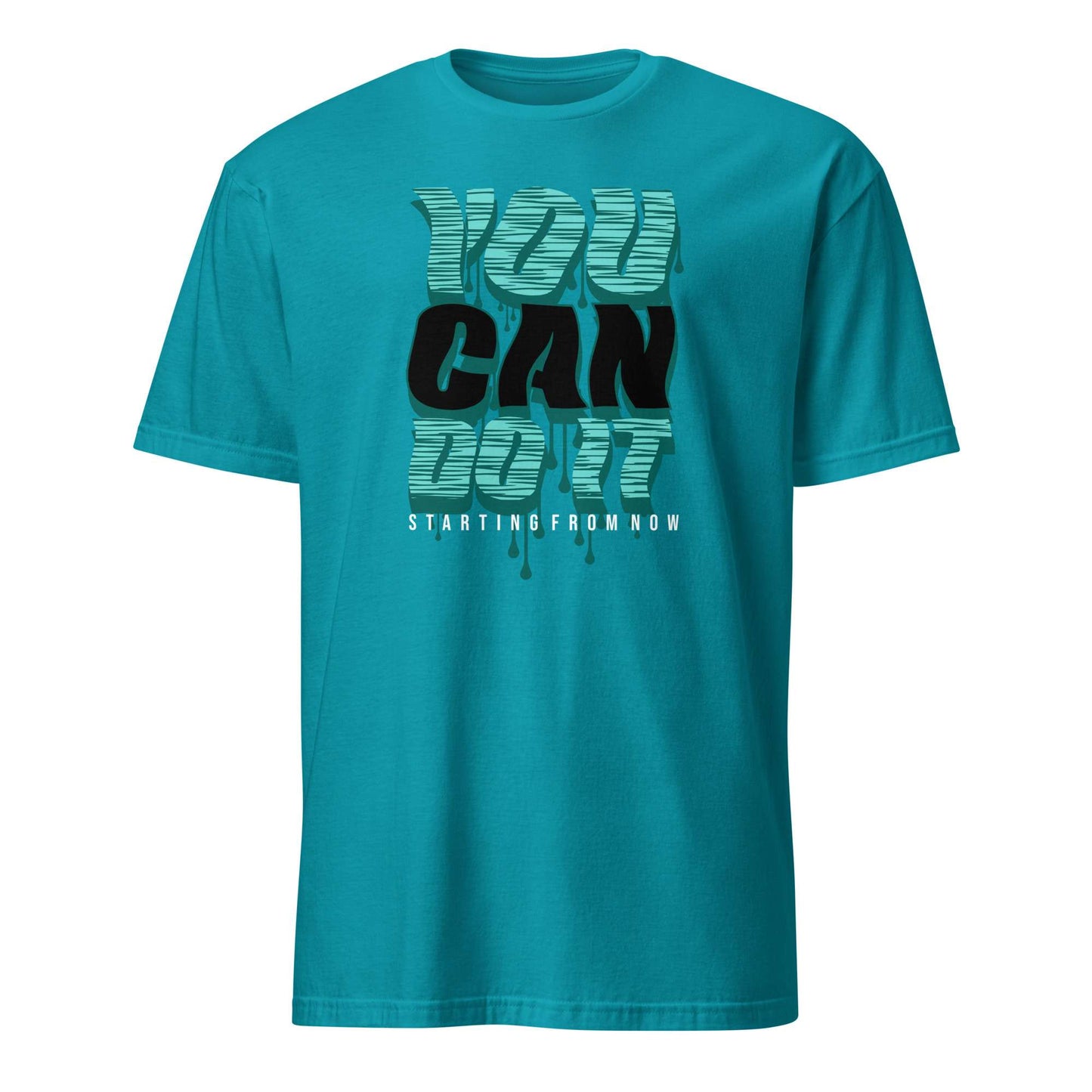 A teal short-sleeve crewneck t-shirt featuring a graphic on the front that reads 'YOU CAN DO IT' in a dripping paint style, with 'STARTING FROM NOW' printed underneath, shown against a plain white background. You Can Do It Slogan Typography Graphic T-Shirt Casual Wear Shop the You Can Do It Slogan Typography Graphic T-Shirt for bold motivational style, everyday confidence, and effortlessly casual outfits.