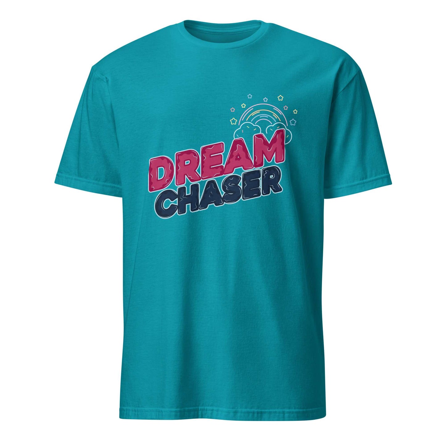 A teal short-sleeve crewneck t-shirt featuring a 'DREAM CHASER' graphic on the chest with a rainbow and stars, displayed on a solid white background. Minimal Dream Chaser Lettering Graphic T-Shirt Casual Wear Shop Minimal Dream Chaser Lettering Graphic T-Shirt Casual Wear for a clean, motivational look that pairs easily with your favorite outfits.