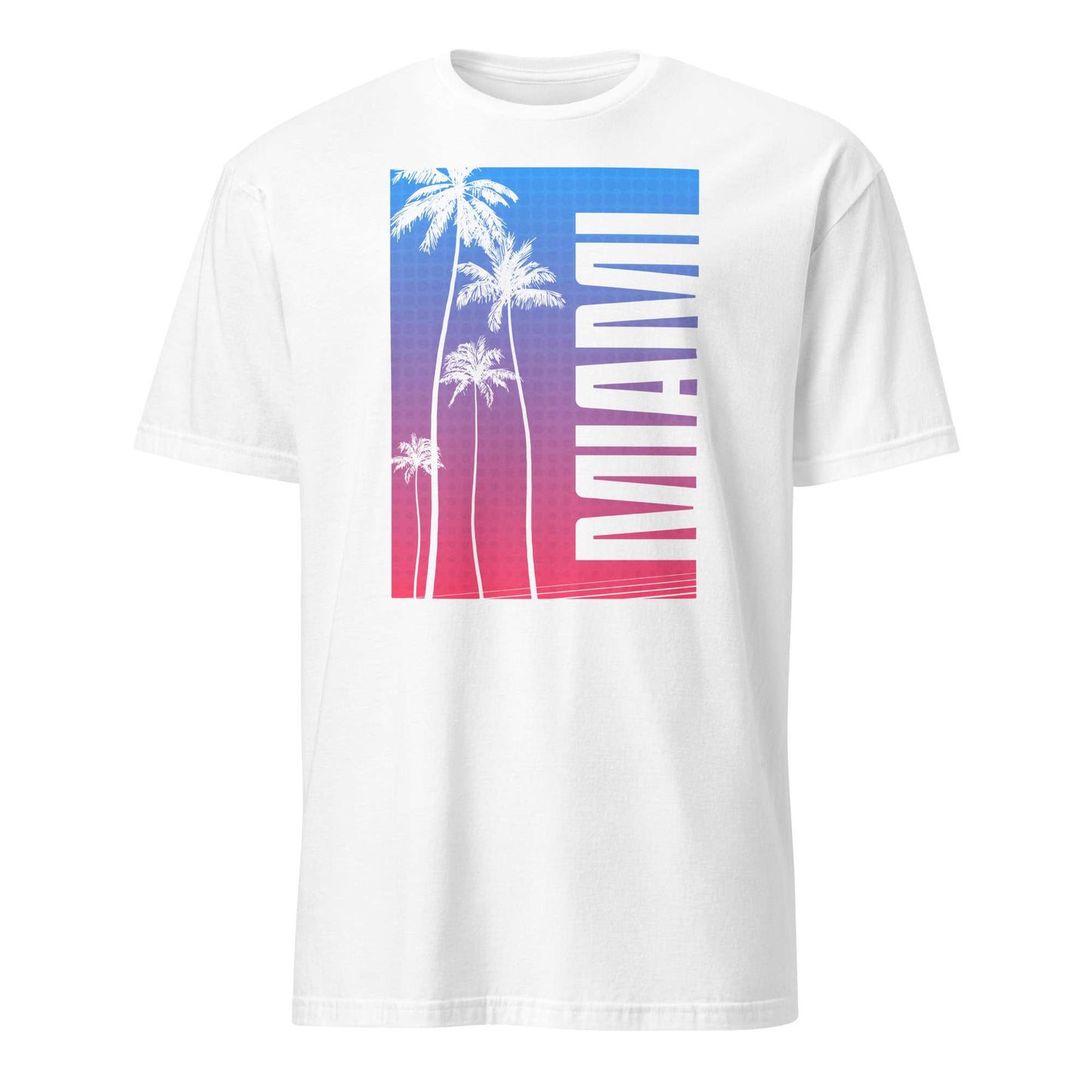 A white short-sleeve crewneck t-shirt featuring a vertical rectangular graphic on the chest with white palm tree silhouettes, a blue-to-pink gradient background, and the word 'MIAMI' printed vertically in white.