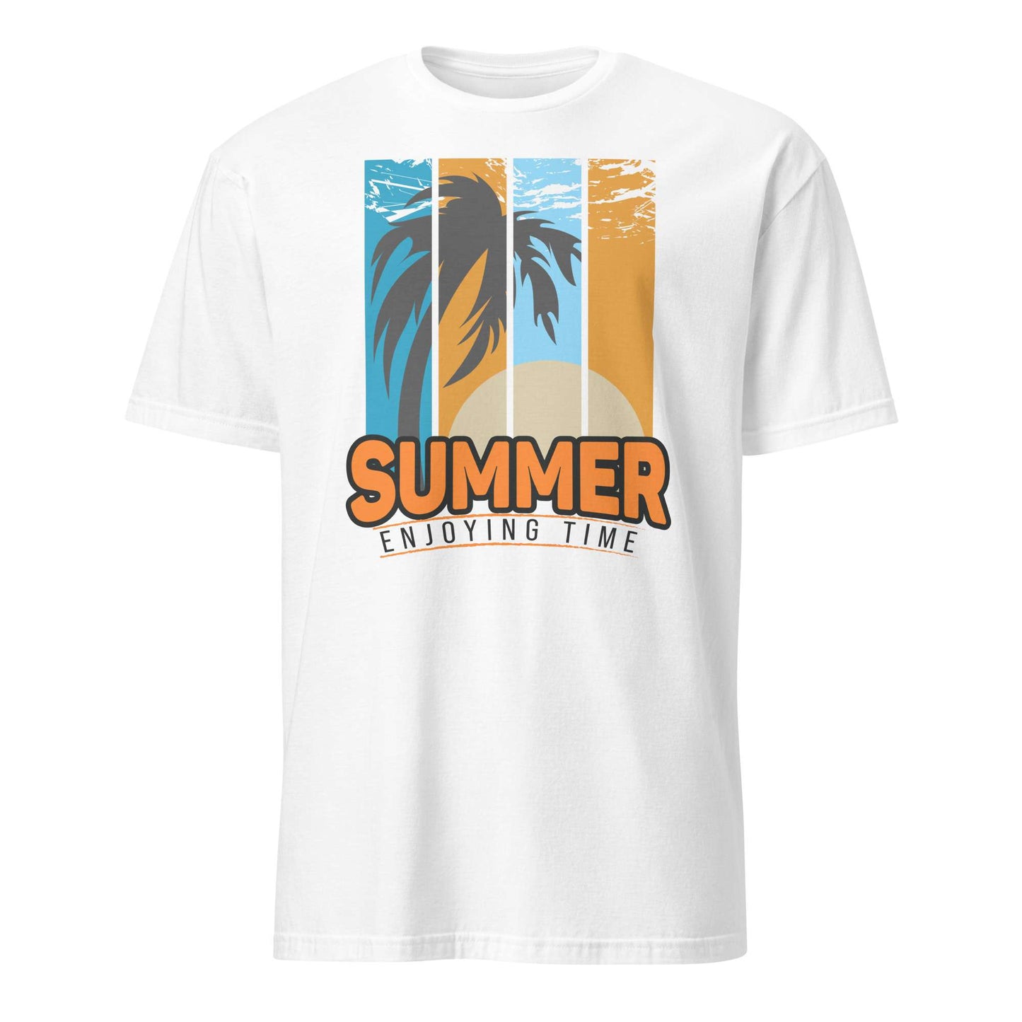 A white short-sleeve crewneck t-shirt featuring a retro-style graphic print on the front with a palm tree silhouette, vertical sunset stripes in blue, white, and orange, and the text 'SUMMER ENJOYING TIME'.