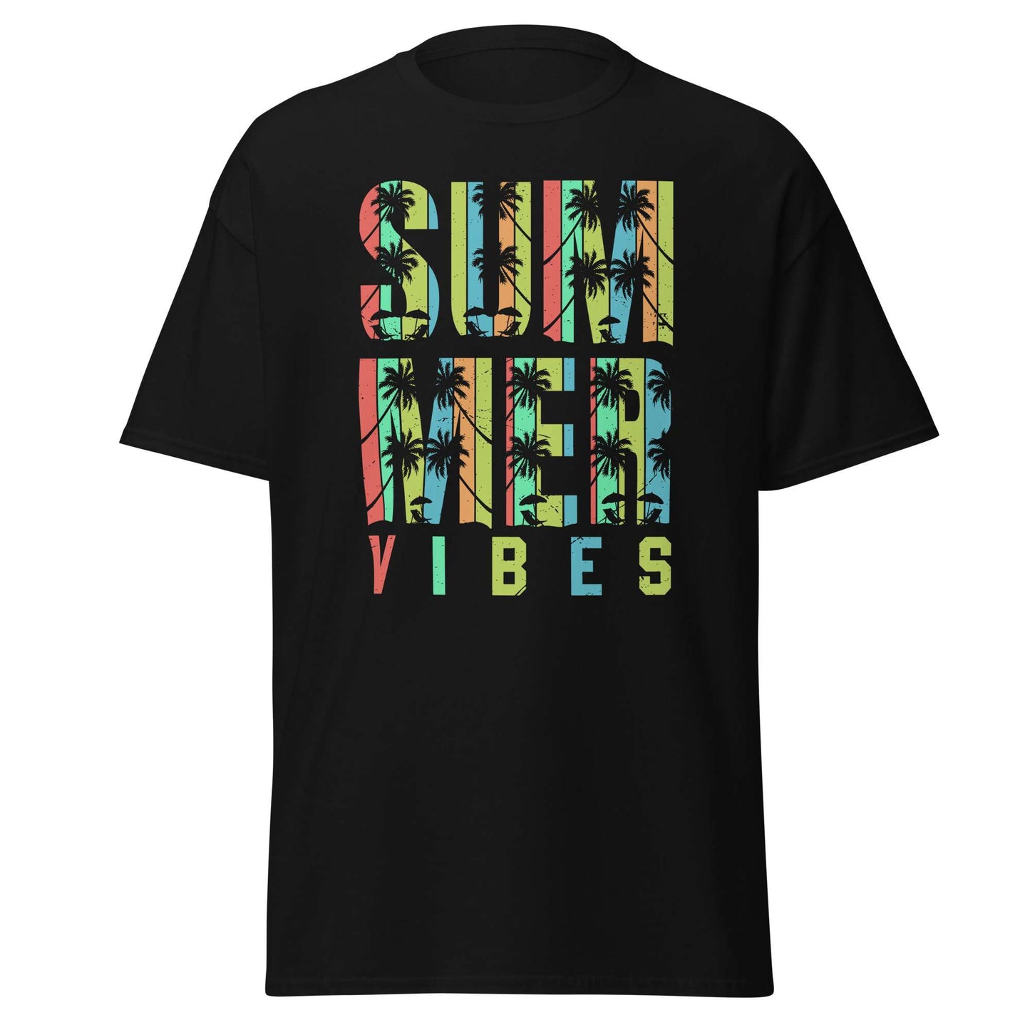 A black short-sleeve t-shirt with a colorful graphic on the chest reading 'SUMMER VIBES' in a retro, multi-colored font filled with a palm tree silhouette pattern, shown against a plain white background.