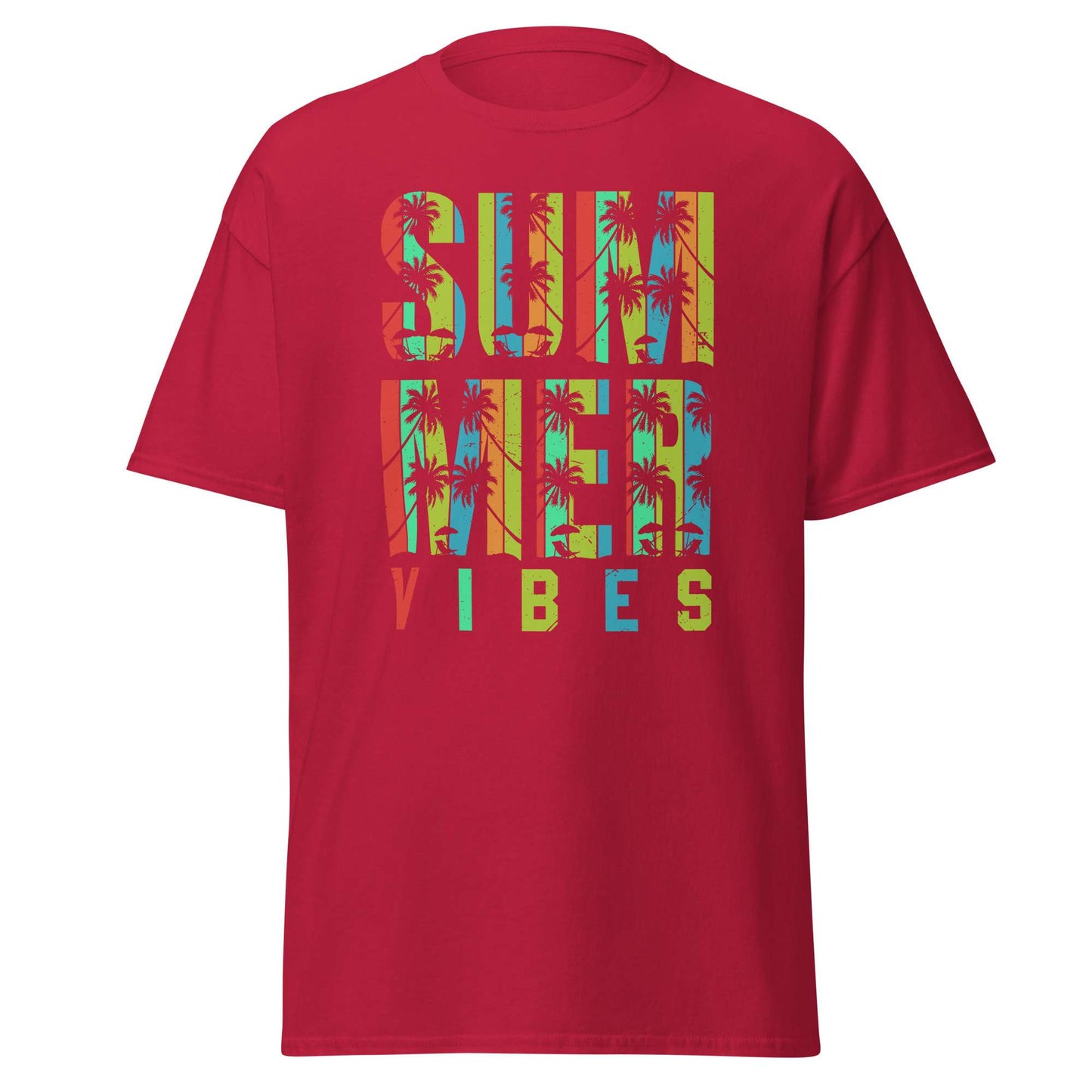 A red short-sleeve crewneck t-shirt featuring a colorful graphic on the front with the text 'SUMMER VIBES' filled with a tropical palm tree pattern.