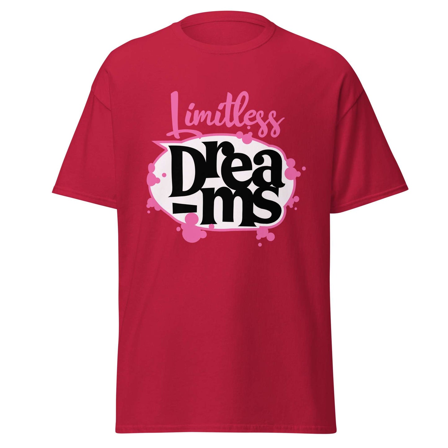 A red short-sleeve crewneck t-shirt featuring a graphic on the chest that reads 'Limitless Dreams' in pink, white, and black lettering, set against a plain white background. Motivational Quote Limitless Dreams T-Shirt Casual Wear Shop the Motivational Quote Limitless Dreams T-Shirt Casual Wear design, made for everyday comfort and bold, uplifting style that inspires confidence. Elevate your wardrobe with Motivational Quote Limitless Dreams T-Shirt Casual Wear—comfortable, inspiring, and ready to wear.