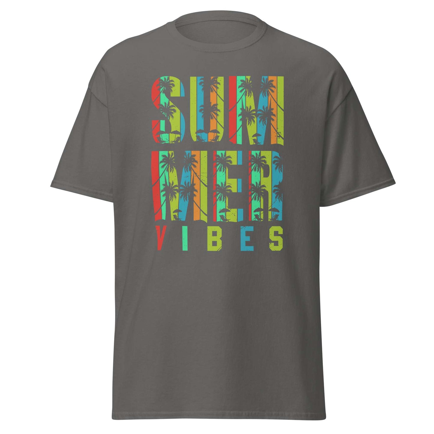 A dark gray short-sleeve t-shirt with a colorful graphic on the chest that reads 'SUMMER VIBES' filled with a palm tree pattern, shown on a plain white background.