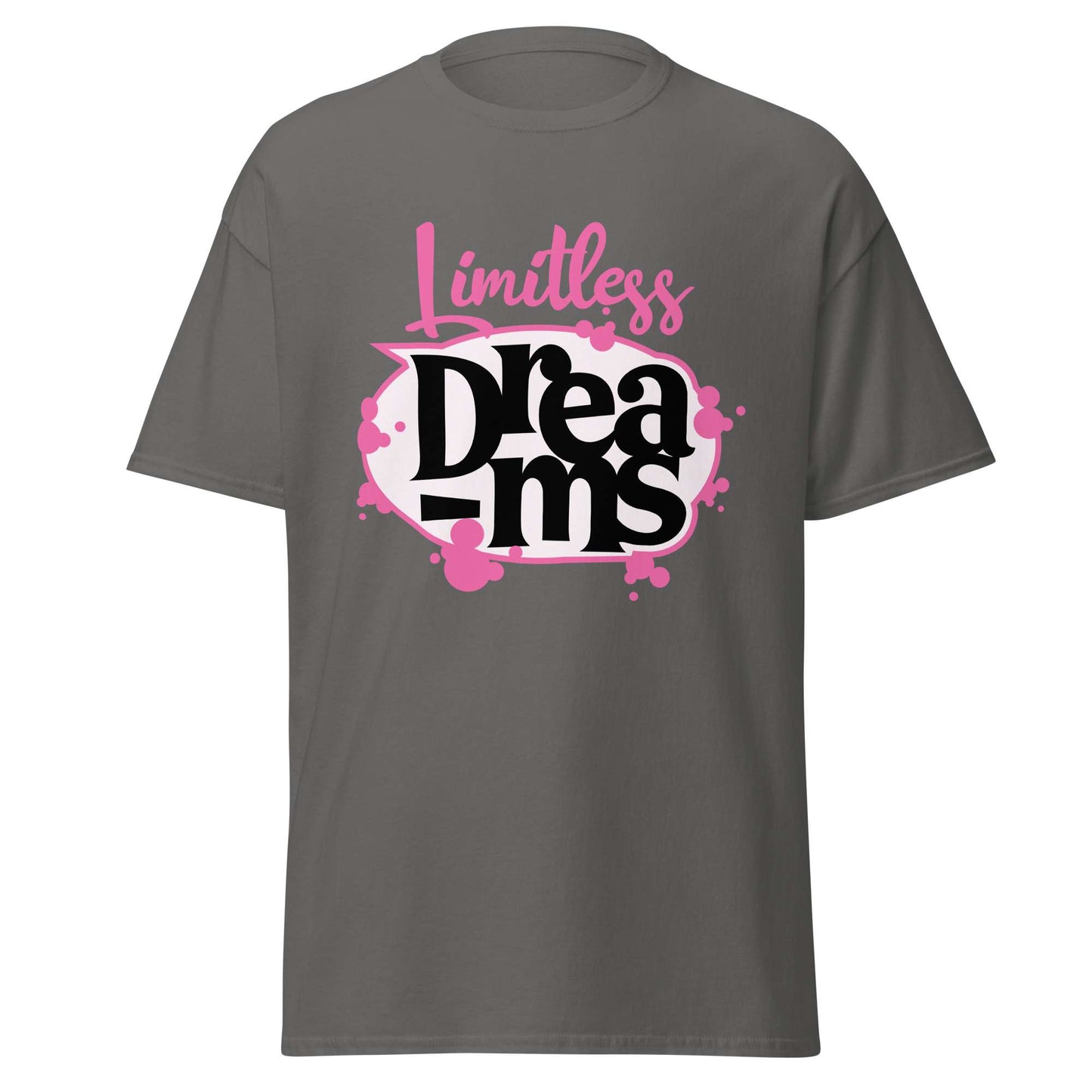 A dark gray short-sleeve t-shirt with a graphic on the chest that reads 'Limitless Dreams' in pink and black stylized lettering with a white and pink paint-splatter background. Motivational Quote Limitless Dreams T-Shirt Casual Wear Shop the Motivational Quote Limitless Dreams T-Shirt Casual Wear design, made for everyday comfort and bold, uplifting style that inspires confidence. Elevate your wardrobe with Motivational Quote Limitless Dreams T-Shirt Casual Wear—comfortable, inspiring, and ready to wear.