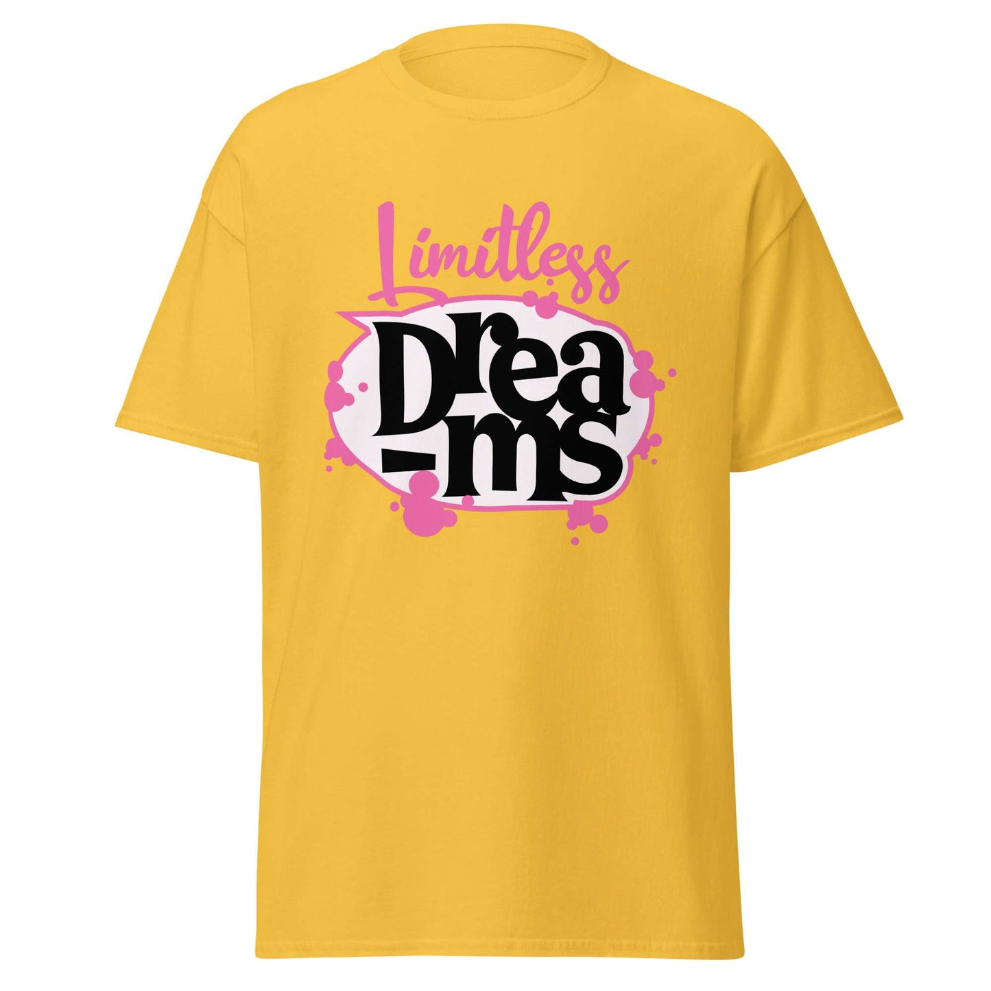 A yellow short-sleeve t-shirt with a graphic on the chest reading 'Limitless Dreams' in pink and black stylized lettering, shown on a plain white background. Motivational Quote Limitless Dreams T-Shirt Casual Wear Shop the Motivational Quote Limitless Dreams T-Shirt Casual Wear design, made for everyday comfort and bold, uplifting style that inspires confidence. Elevate your wardrobe with Motivational Quote Limitless Dreams T-Shirt Casual Wear—comfortable, inspiring, and ready to wear.