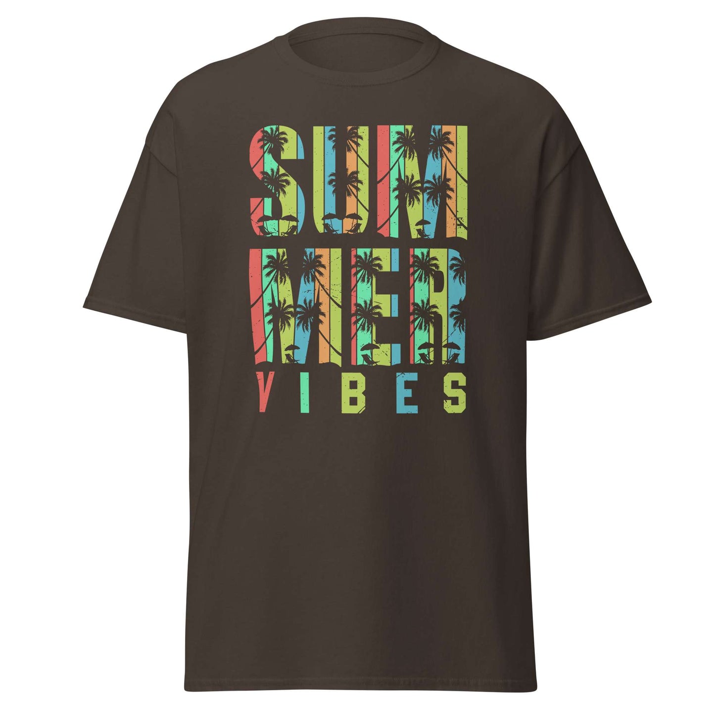 A dark brown short-sleeve t-shirt with a colorful graphic on the chest that reads 'SUMMER VIBES' filled with a palm tree pattern, shown against a plain white background.