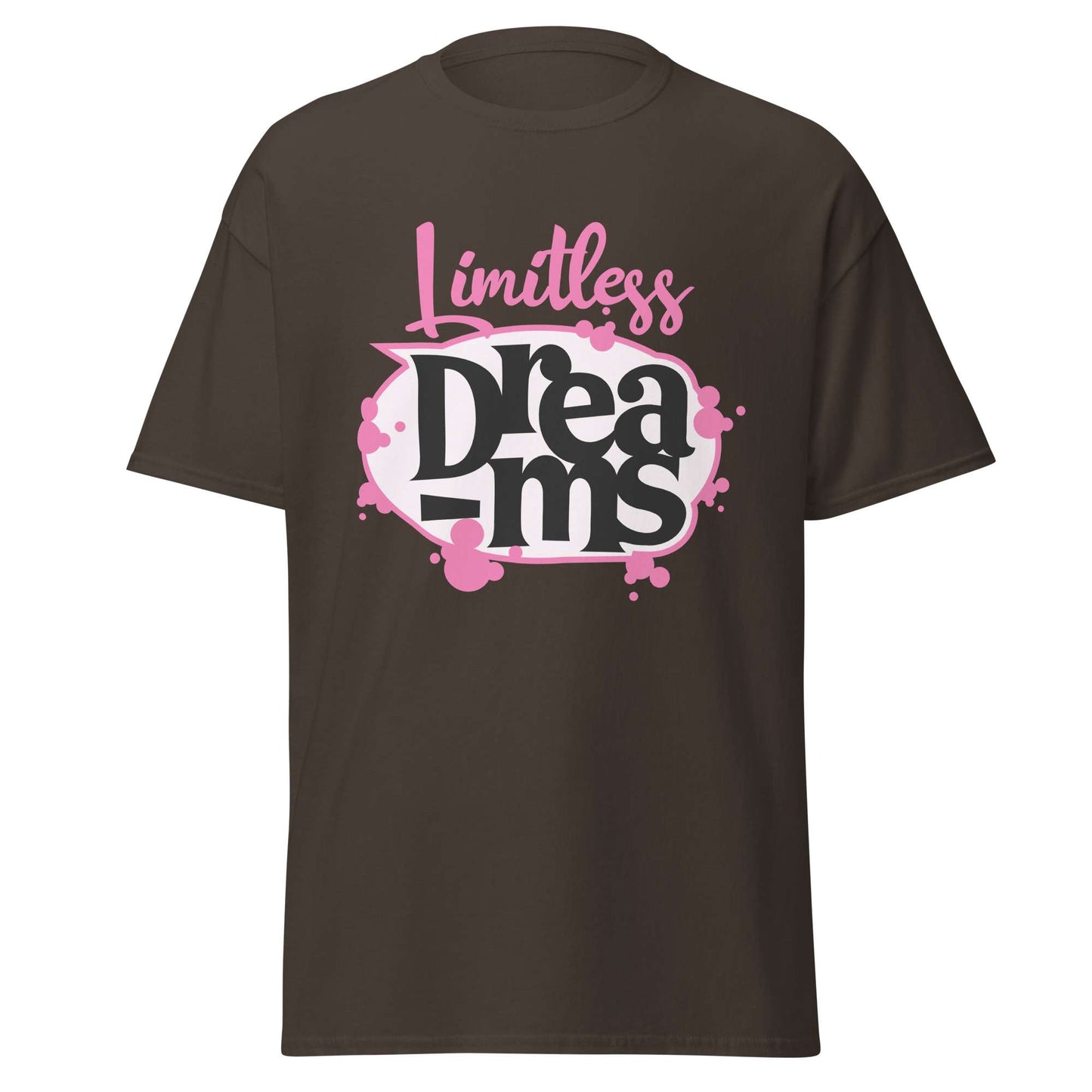 A dark brown short-sleeve t-shirt with a graphic on the chest reading 'Limitless Dreams' in pink and black lettering, displayed on a solid white background. Motivational Quote Limitless Dreams T-Shirt Casual Wear Shop the Motivational Quote Limitless Dreams T-Shirt Casual Wear design, made for everyday comfort and bold, uplifting style that inspires confidence. Elevate your wardrobe with Motivational Quote Limitless Dreams T-Shirt Casual Wear—comfortable, inspiring, and ready to wear.