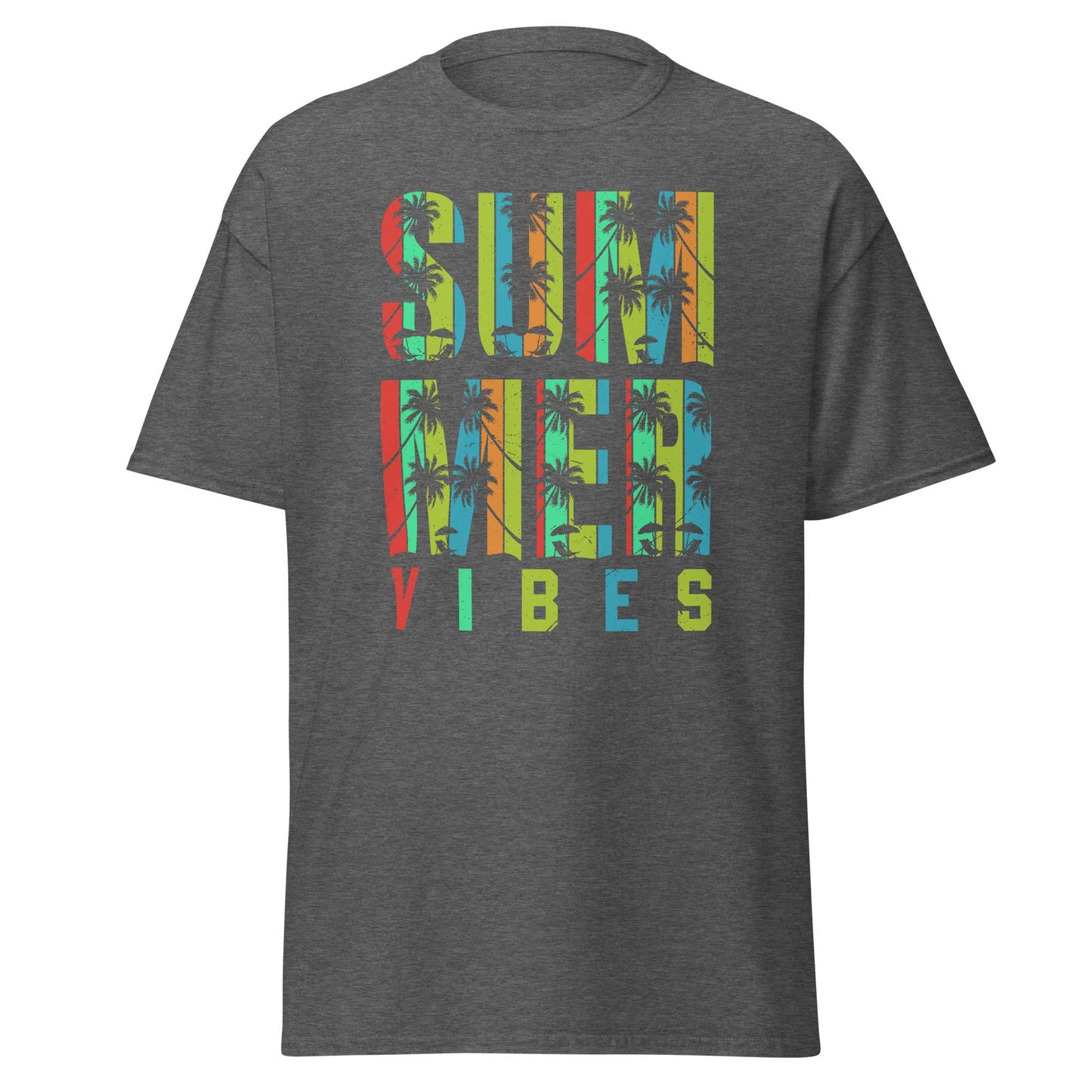 A dark heather gray short-sleeve t-shirt with a colorful graphic on the chest that reads 'SUMMER VIBES' filled with a palm tree pattern, shown on a plain white background.