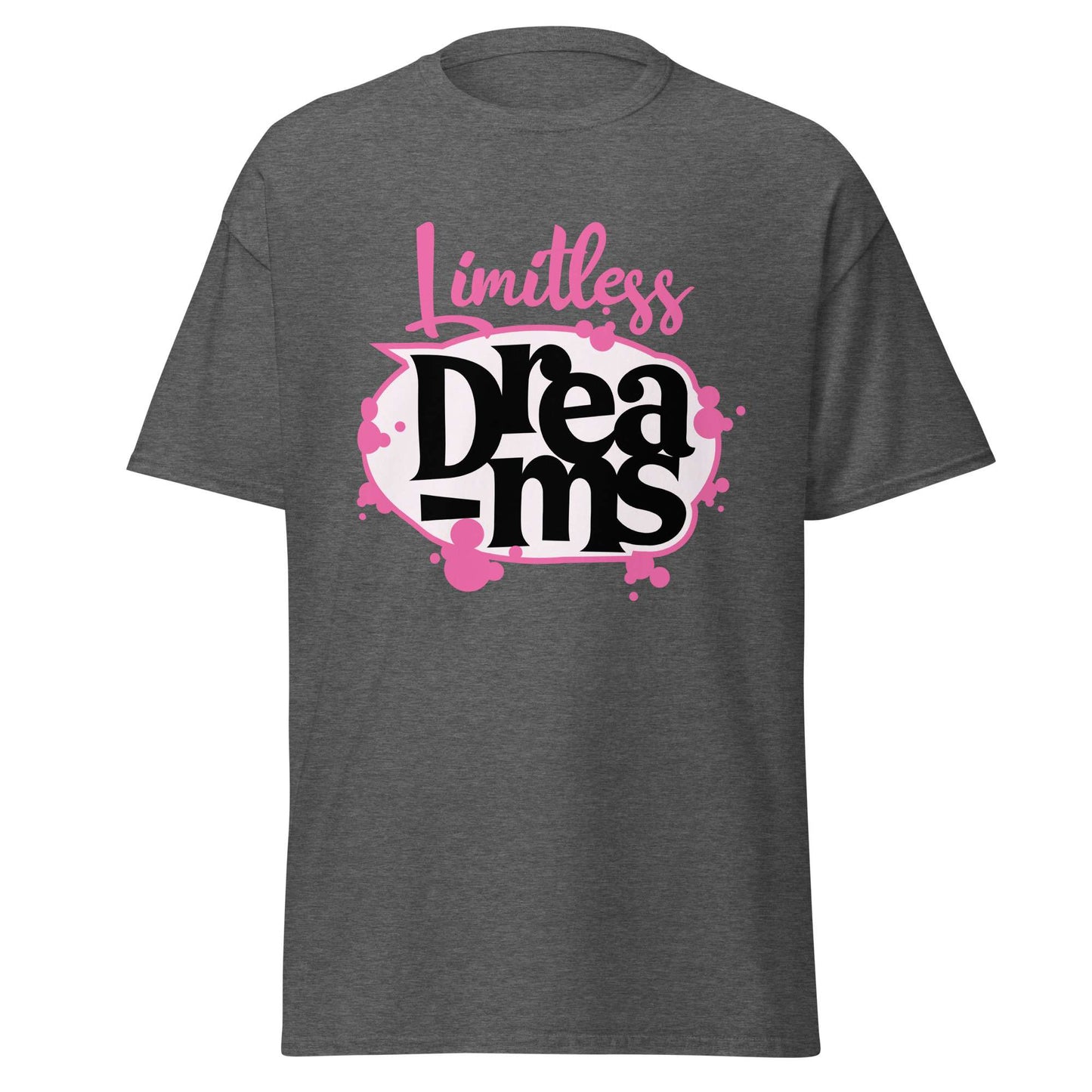 A dark heather gray short-sleeve t-shirt with a graphic on the chest reading 'Limitless Dreams' in pink and black text over a white paint-splatter shape. Motivational Quote Limitless Dreams T-Shirt Casual Wear Shop the Motivational Quote Limitless Dreams T-Shirt Casual Wear design, made for everyday comfort and bold, uplifting style that inspires confidence. Elevate your wardrobe with Motivational Quote Limitless Dreams T-Shirt Casual Wear—comfortable, inspiring, and ready to wear.