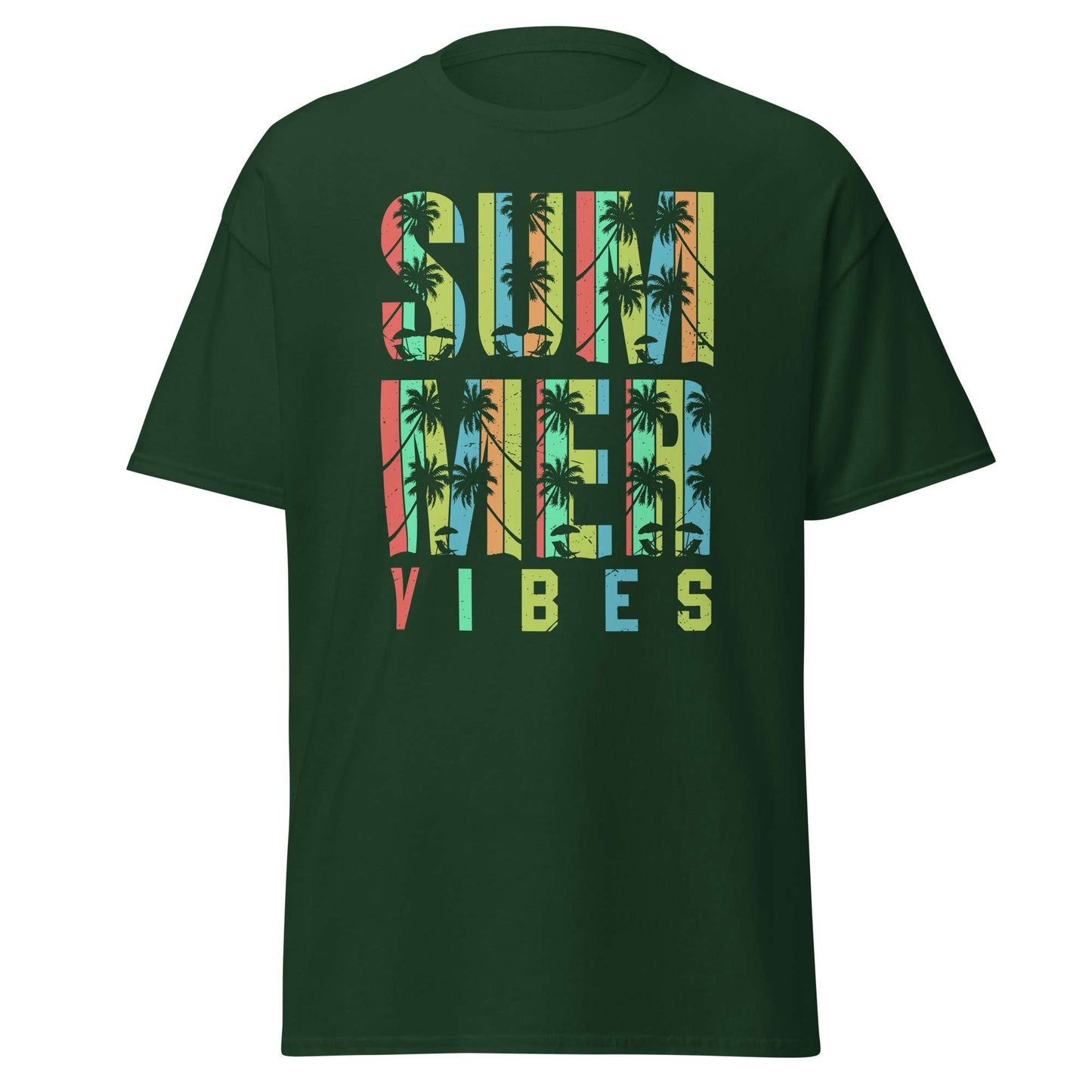 A dark green short-sleeve t-shirt with a colorful graphic on the chest that reads 'SUMMER VIBES' filled with a palm tree pattern, shown on a plain white background.