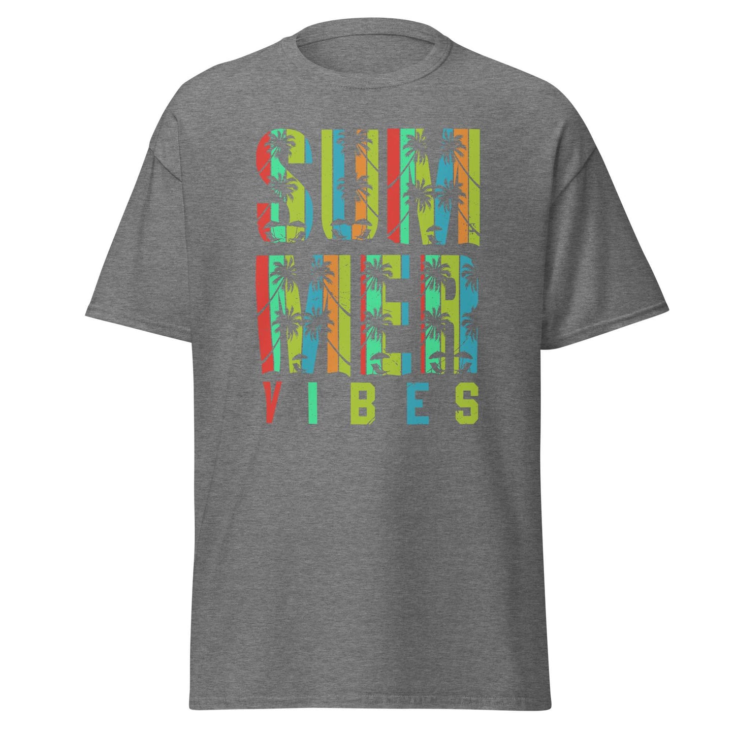 A dark gray short-sleeve t-shirt with a colorful graphic on the chest that reads 'SUMMER VIBES' filled with a palm tree pattern, shown on a plain white background. Shop the Summer Vibes Typography Lettering Graphic T-Shirt for a fresh, sunny look. Soft, stylish, and perfect for warm-weather days.