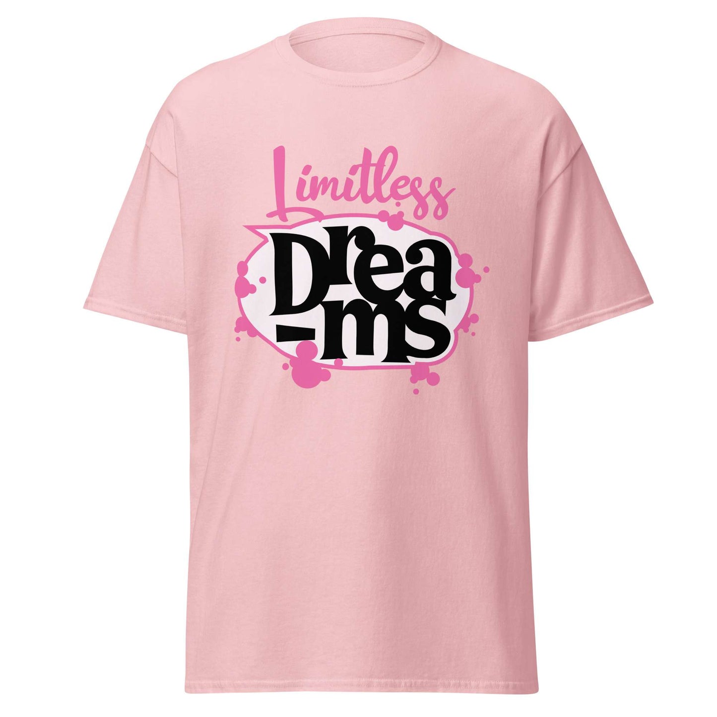 A light pink short-sleeve crewneck t-shirt featuring a graphic on the front with the text 'Limitless Dreams' in pink and black stylized lettering. Motivational Quote Limitless Dreams T-Shirt Casual Wear Shop the Motivational Quote Limitless Dreams T-Shirt Casual Wear design, made for everyday comfort and bold, uplifting style that inspires confidence. Elevate your wardrobe with Motivational Quote Limitless Dreams T-Shirt Casual Wear—comfortable, inspiring, and ready to wear.