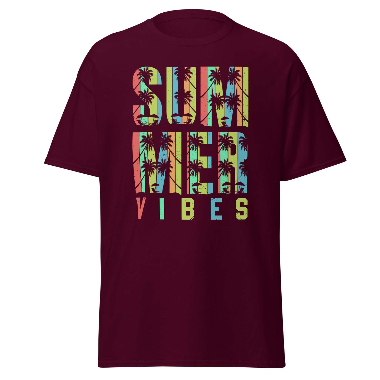 A maroon short-sleeve t-shirt with a colorful graphic on the chest that reads 'SUMMER VIBES' filled with a palm tree silhouette pattern, shown against a plain white background.
