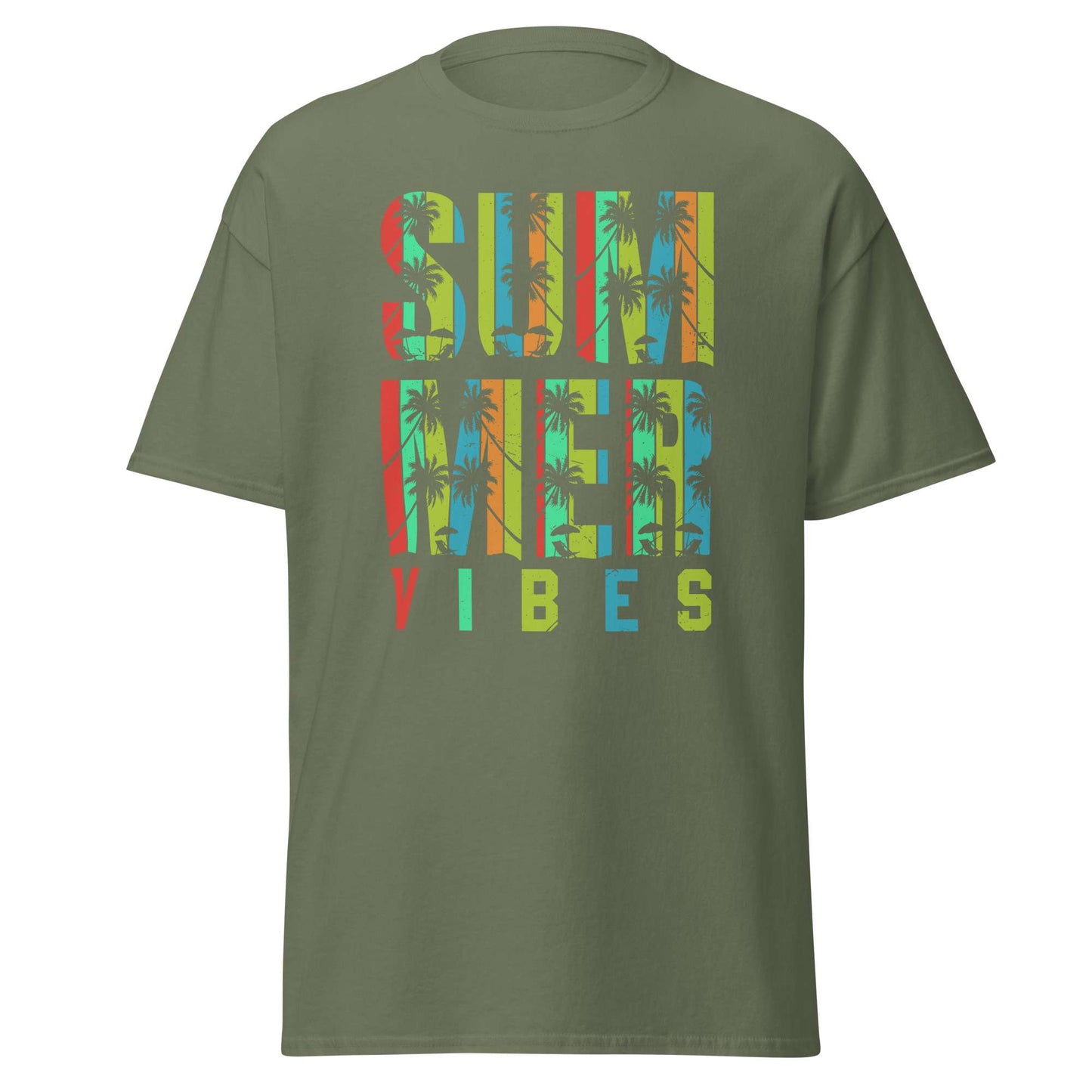 An olive green short-sleeve t-shirt with a colorful graphic on the front that reads 'SUMMER VIBES' in a retro, multicolored block font with a palm tree pattern. Shop the Summer Vibes Typography Lettering Graphic T-Shirt for a fresh, sunny look. Soft, stylish, and perfect for warm-weather days.