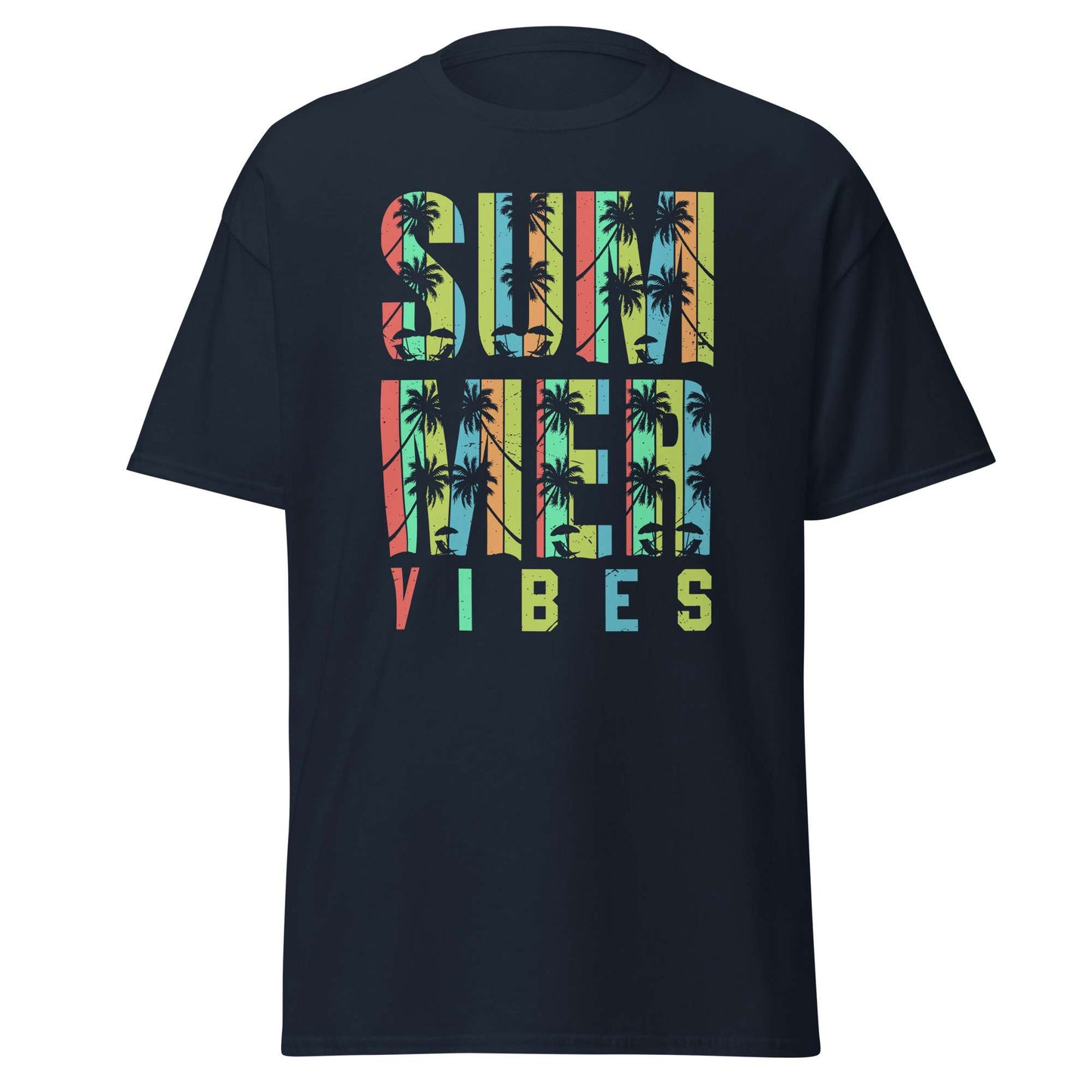A navy blue short-sleeve t-shirt with a colorful graphic on the chest that reads 'SUMMER VIBES' filled with a tropical palm tree pattern, shown against a plain white background.