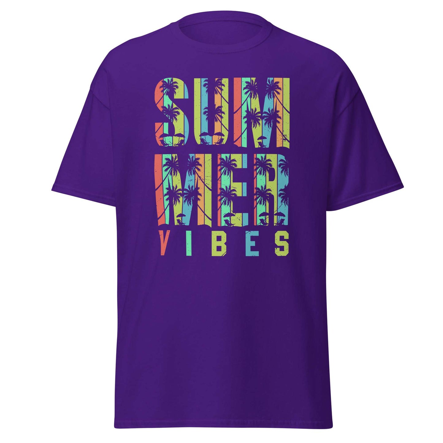 A purple short-sleeve t-shirt with a colorful graphic on the front that reads 'SUMMER VIBES' filled with a palm tree silhouette pattern, shown on a plain white background.