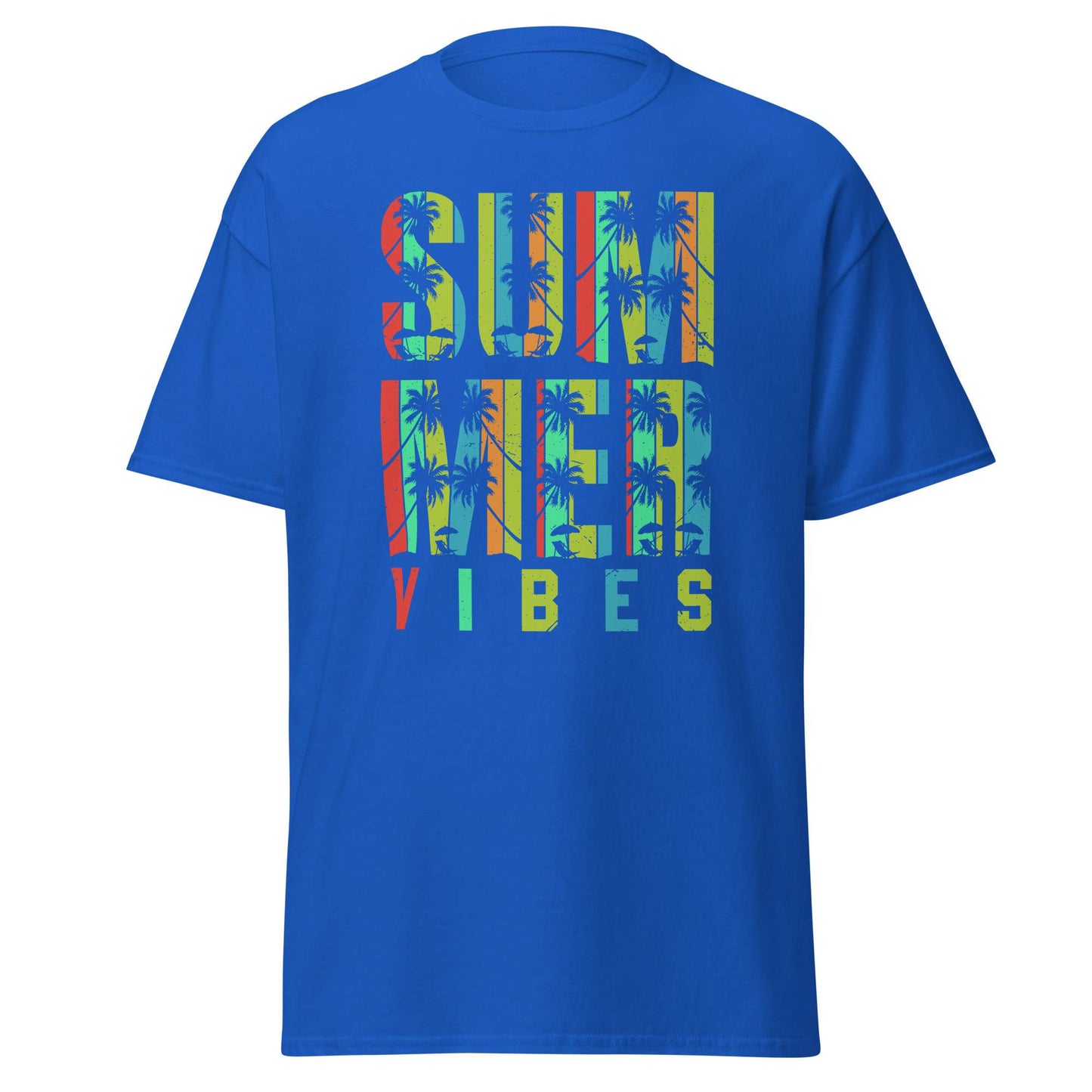A royal blue short-sleeve t-shirt with a colorful graphic on the chest reading 'SUMMER VIBES' filled with a palm tree pattern, shown on a plain white background.