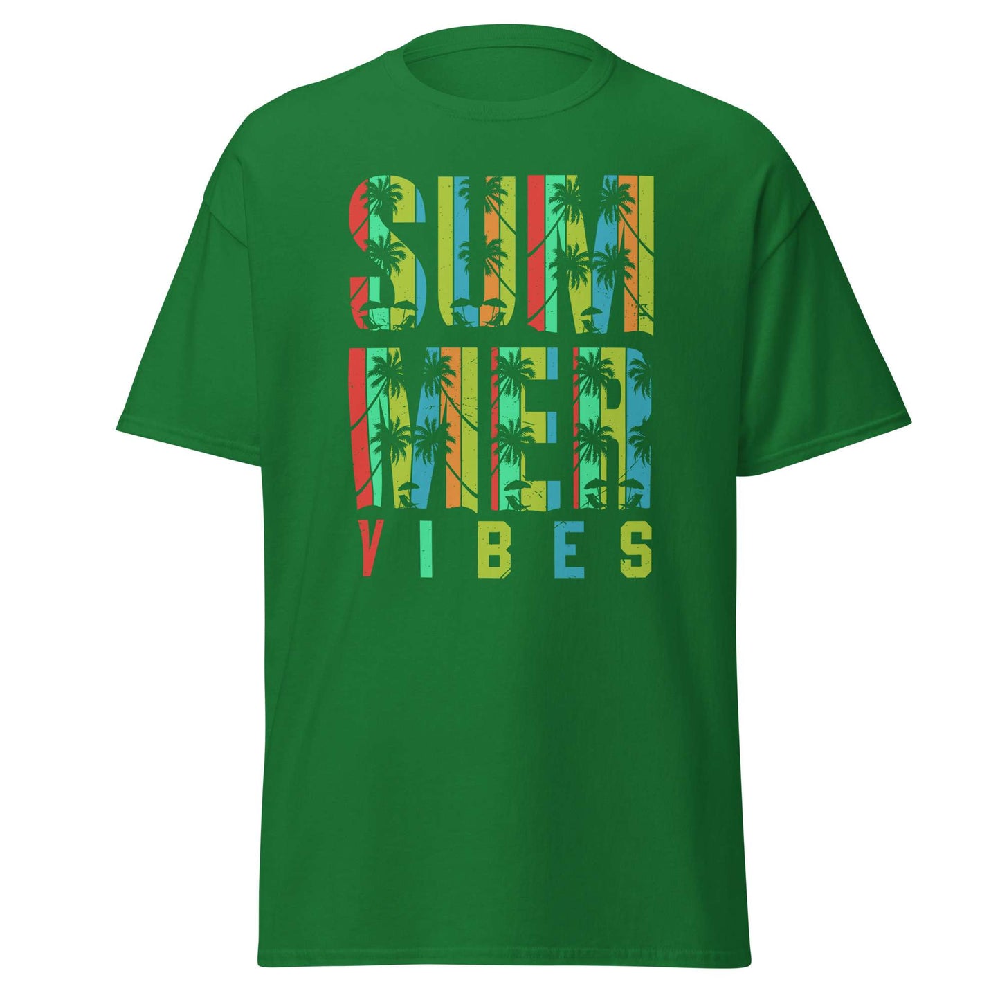 A green short-sleeve crewneck t-shirt featuring a colorful graphic on the front with the text 'SUMMER VIBES' filled with a palm tree pattern.