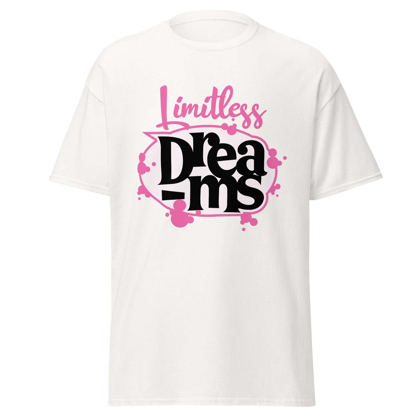 A white short-sleeve crewneck t-shirt featuring a graphic print on the front with the words 'Limitless Dreams' in pink and black stylized lettering. Motivational Quote Limitless Dreams T-Shirt Casual Wear Shop the Motivational Quote Limitless Dreams T-Shirt Casual Wear design, made for everyday comfort and bold, uplifting style that inspires confidence.