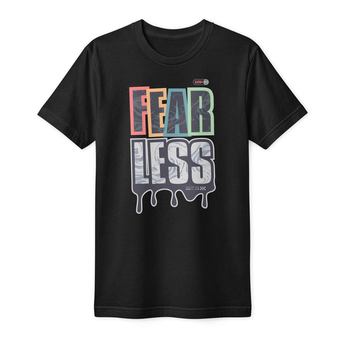 A black short-sleeve crewneck t-shirt featuring a colorful graphic print on the front that reads 'FEAR LESS' in a dripping paint style, with a small circular 'Gildan' brand logo above the text. Fearless Bold Urban Streetwear Graphic Unisex Fine Jersey T-Shirt Shop online the Fearless Bold Urban Streetwear Fine Jersey T-Shirt for premium comfort, standout style, and a confident everyday look.