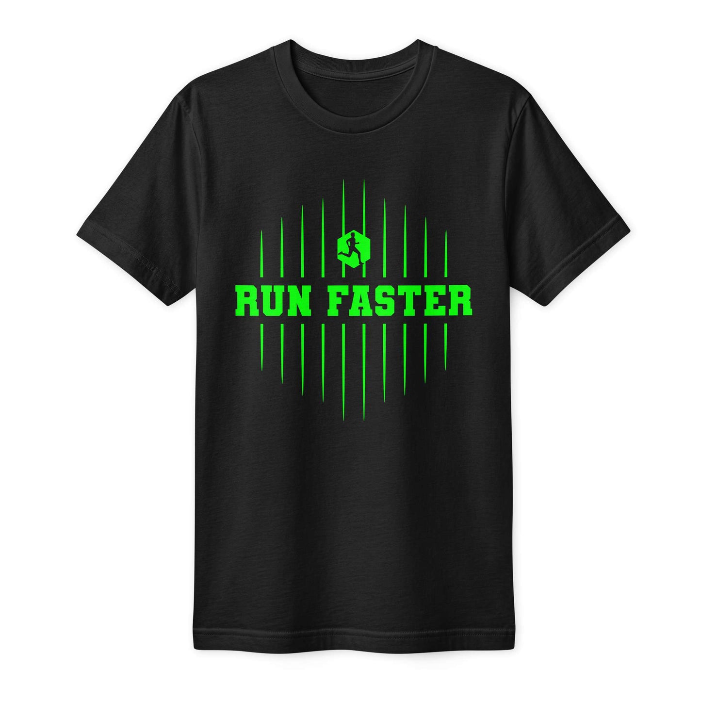 A black short-sleeve crewneck t-shirt with a bright green graphic on the chest featuring the text 'RUN FASTER' and a stylized vertical bar pattern. Run Faster Fine Jersey T-Shirt for Casual Outfits Sportswear Shop the Run Faster Fine Jersey T-Shirt for Casual Outfits for breathable comfort, simple styling, and an effortless everyday fit. Upgrade everyday style with the Run Faster Fine Jersey T-Shirt for Casual Outfits—soft, versatile comfort made for easy, confident wear.