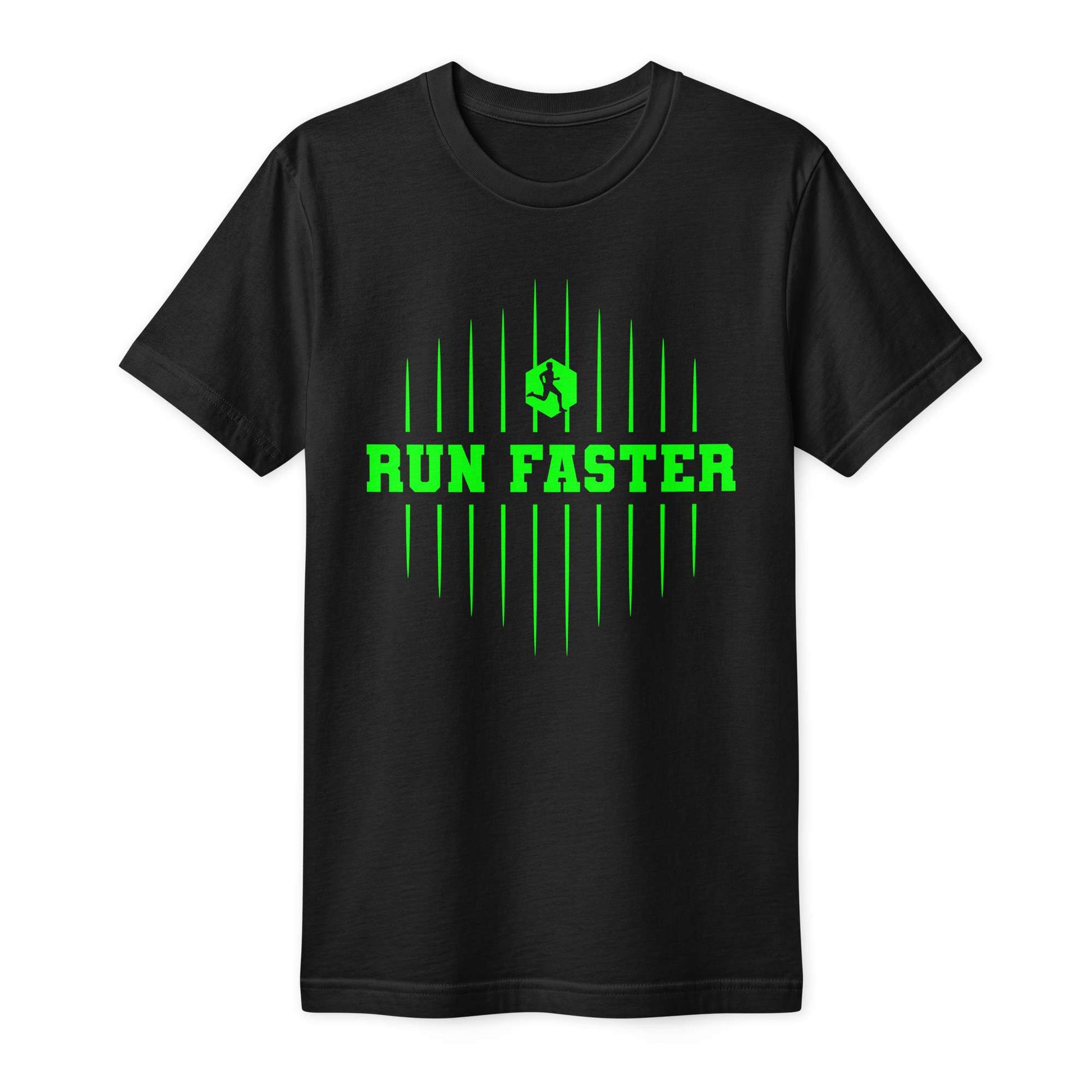 A black short-sleeve crewneck t-shirt with a bright green graphic on the chest featuring the text 'RUN FASTER' and a stylized vertical bar pattern. Run Faster Fine Jersey T-Shirt for Casual Outfits Sportswear Shop the Run Faster Fine Jersey T-Shirt for Casual Outfits for breathable comfort, simple styling, and an effortless everyday fit. Upgrade everyday style with the Run Faster Fine Jersey T-Shirt for Casual Outfits—soft, versatile comfort made for easy, confident wear.