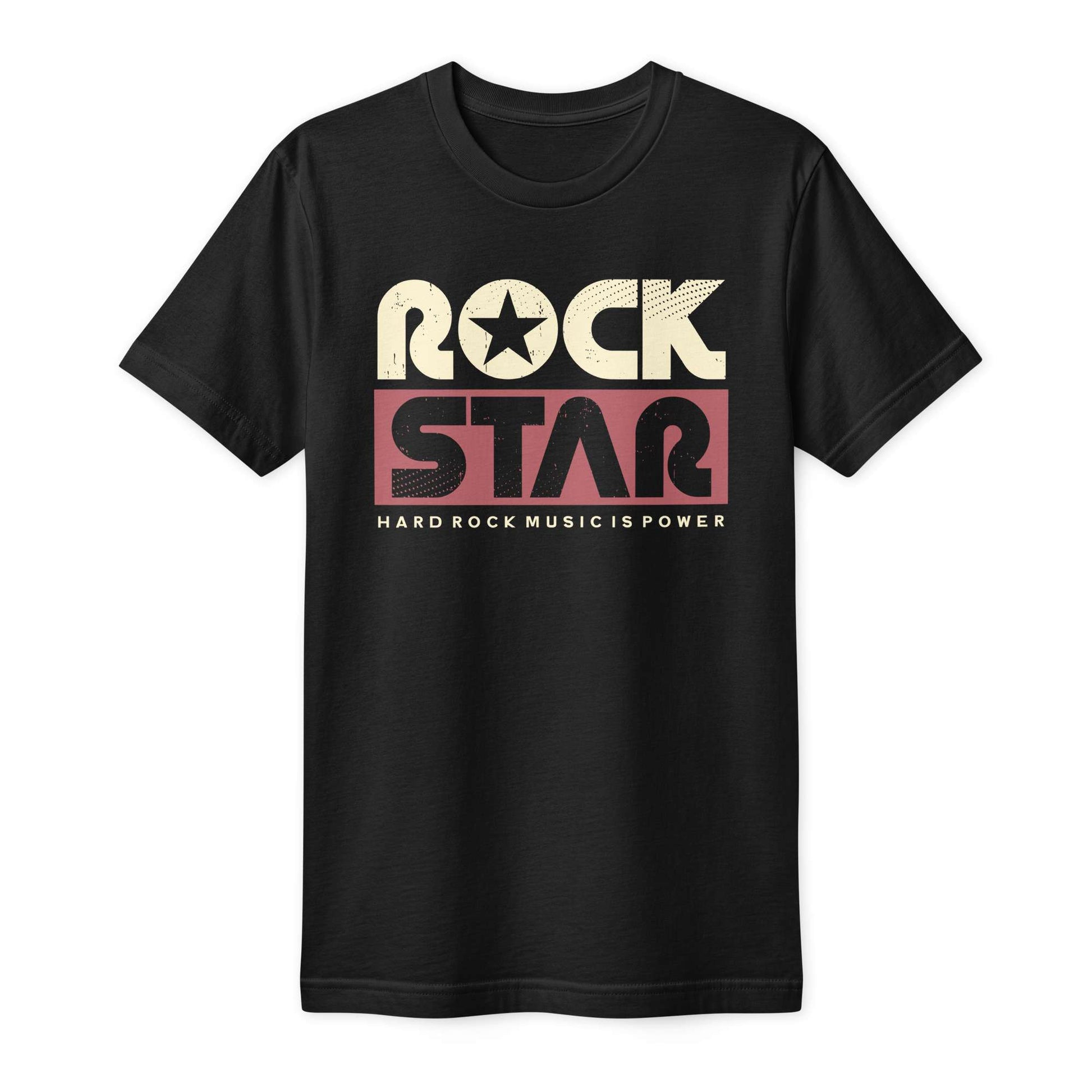 A black short-sleeve crewneck t-shirt featuring a retro graphic on the chest that reads 'ROCK STAR' with 'HARD ROCK MUSIC IS POWER' underneath, displayed on a clean white background. Buy Rock Star Typography Lettering T-Shirt for Casual Wear for Sale Online Shop the Rock Star Typography Lettering T-Shirt for Casual Wear, blending bold graphic style, soft comfort, and effortless everyday appeal. Refresh your wardrobe with the Rock Star Typography Lettering T-Shirt for Casual Wear, designed for easy comfort.