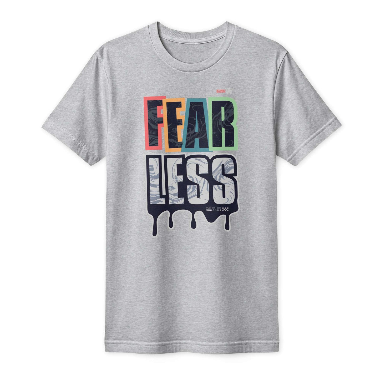 A heather gray short-sleeve crewneck t-shirt featuring a graphic print on the front that reads 'FEAR LESS' in stylized block letters with colorful accents and a dripping paint effect. Fearless Bold Urban Streetwear Graphic Unisex Fine Jersey T-Shirt Shop online the Fearless Bold Urban Streetwear Fine Jersey T-Shirt for premium comfort, standout style, and a confident everyday look.