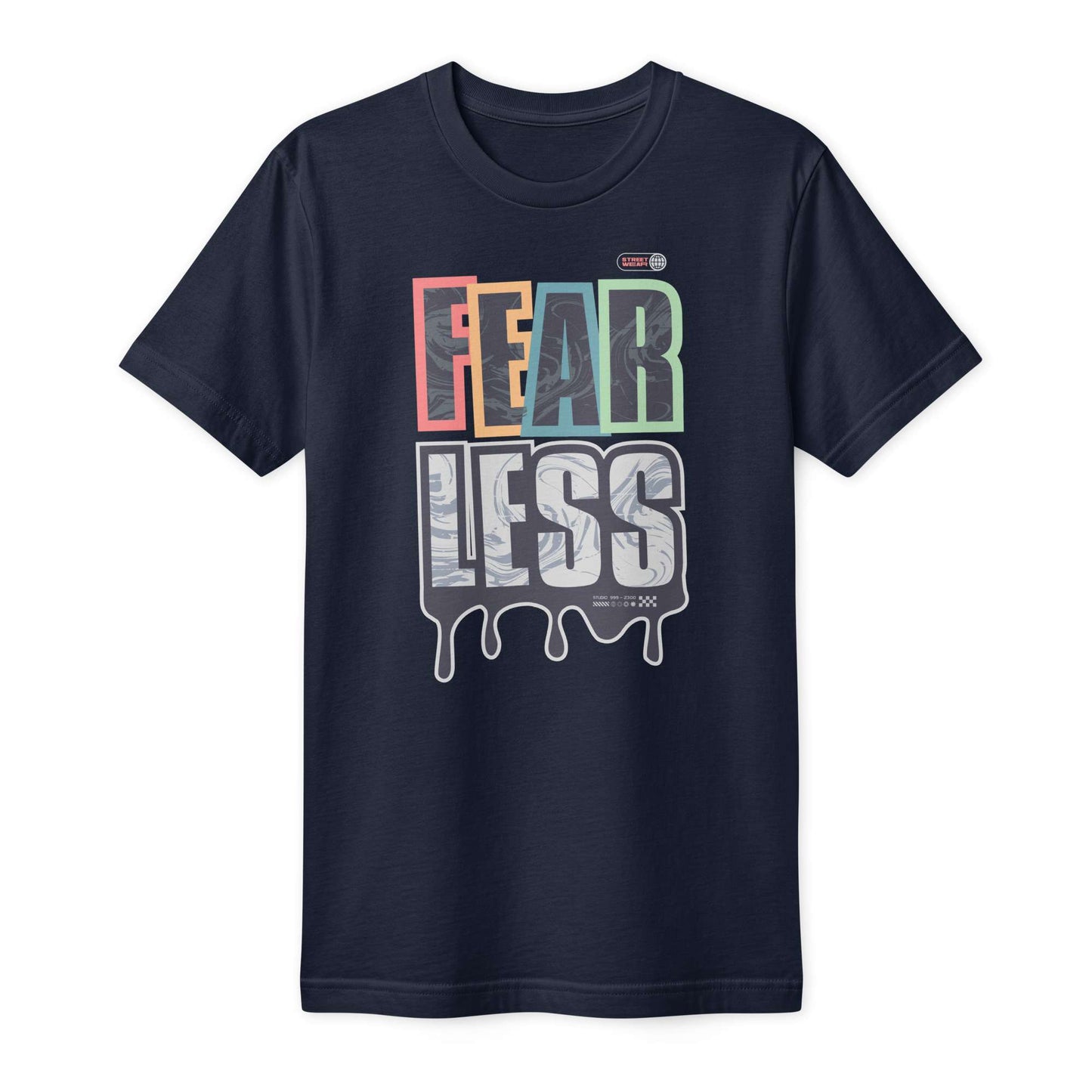 A navy blue short-sleeve t-shirt with a colorful graphic on the chest that reads 'FEARLESS' in dripping block letters, shown against a plain white background. Fearless Bold Urban Streetwear Graphic Unisex Fine Jersey T-Shirt Shop online the Fearless Bold Urban Streetwear Fine Jersey T-Shirt for premium comfort, standout style, and a confident everyday look.