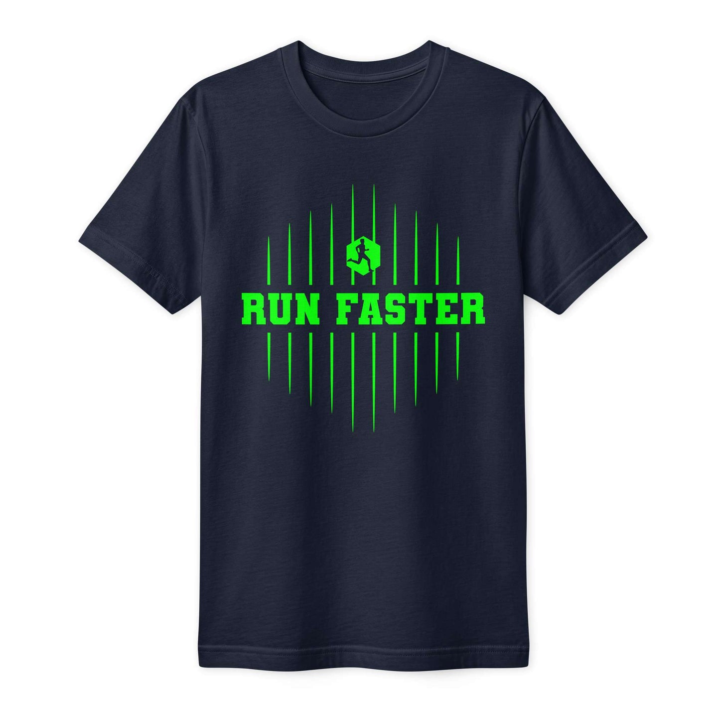 A navy blue short-sleeve crewneck t-shirt with a bright green graphic on the chest featuring the text 'RUN FASTER' and vertical speed lines. Run Faster Fine Jersey T-Shirt for Casual Outfits Sportswear Shop the Run Faster Fine Jersey T-Shirt for Casual Outfits for breathable comfort, simple styling, and an effortless everyday fit. Upgrade everyday style with the Run Faster Fine Jersey T-Shirt for Casual Outfits—soft, versatile comfort made for easy, confident wear.
