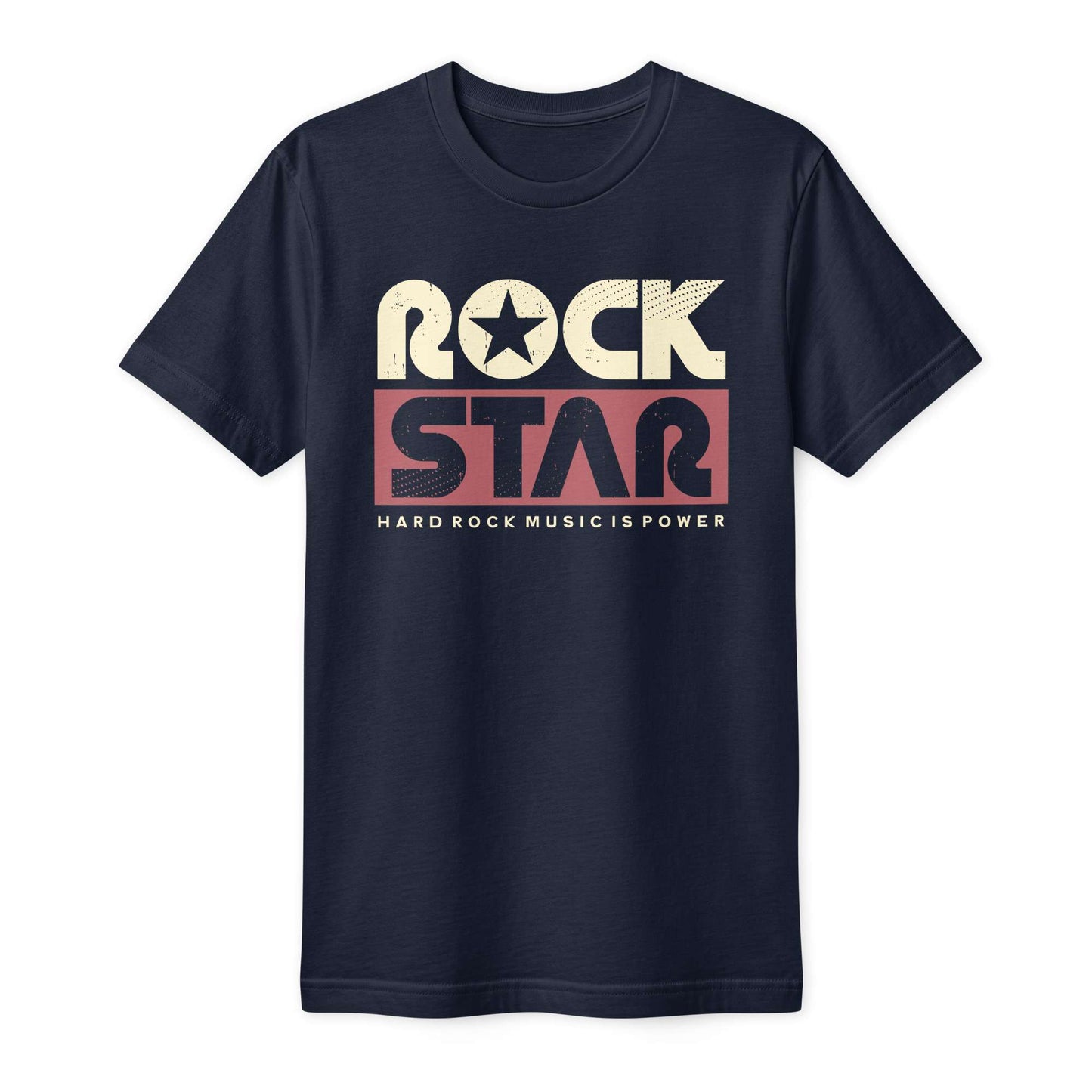 A navy blue short-sleeve crewneck t-shirt featuring a retro graphic on the chest that reads 'ROCK STAR' with 'HARD ROCK MUSIC IS POWER' underneath, displayed on a clean white background. Buy Rock Star Typography Lettering T-Shirt for Casual Wear for Sale Online Shop the Rock Star Typography Lettering T-Shirt for Casual Wear, blending bold graphic style, soft comfort, and effortless everyday appeal. Refresh your wardrobe with the Rock Star Typography Lettering T-Shirt Casual Wear, designed for easy comfort.